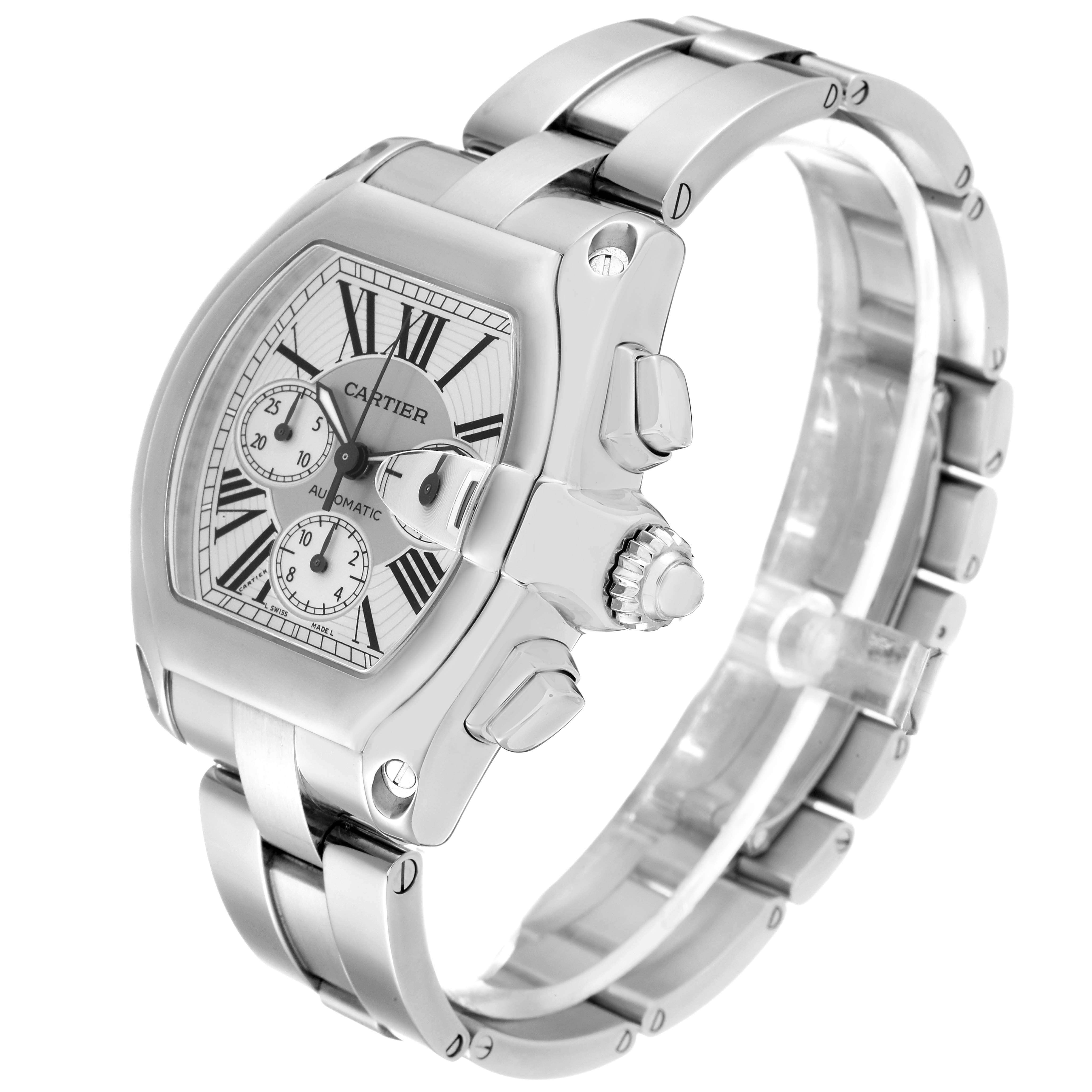 The image shows a Cartier Roadster W62019X6 Men
s Stainless Steel  W62019X6 Men
s Stainless Steel  watch, highlighting its silver bracelet, side crown, and dial with Roman numerals.