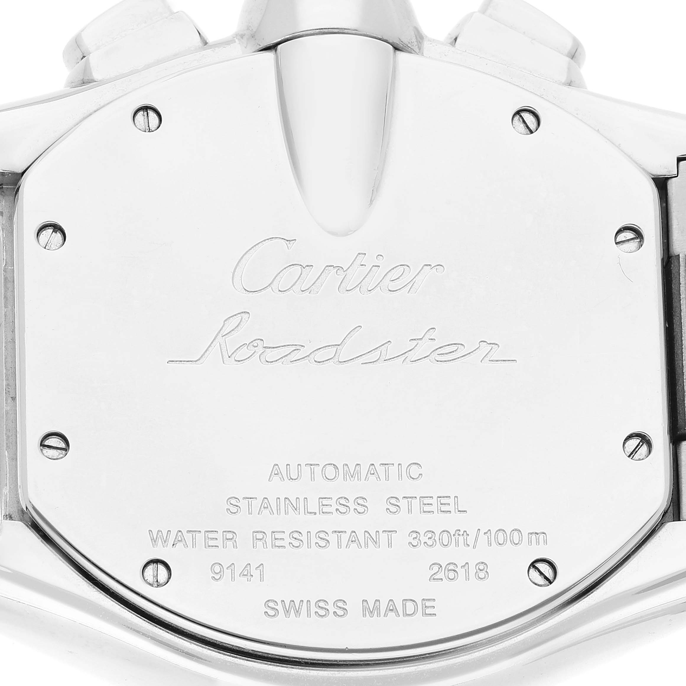 The image shows the back case of a Cartier Roadster W62019X6 Men
s Stainless Steel  W62019X6 Men
s Stainless Steel  watch, engraved with specifications and branding.