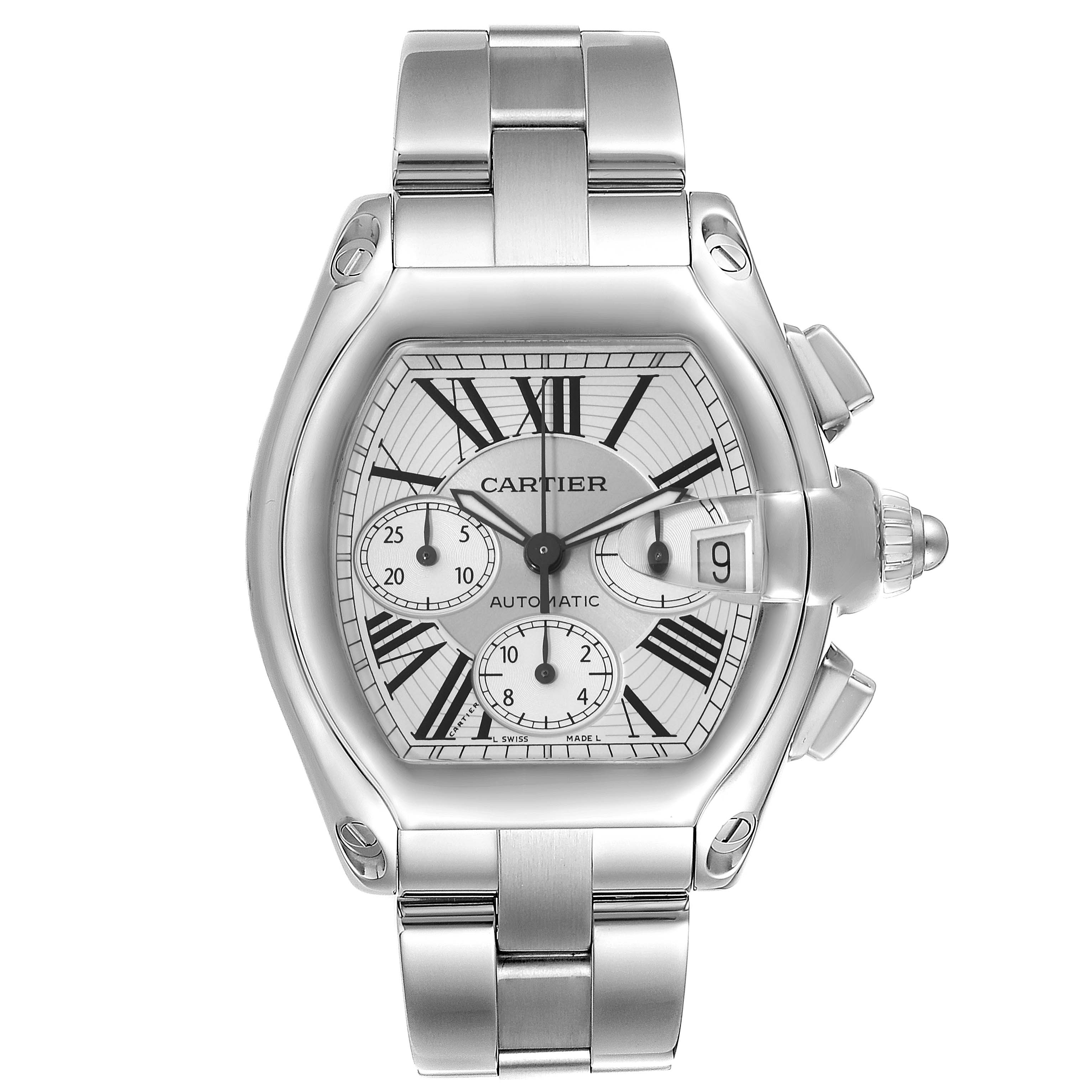 The Cartier Roadster W62019X6 Men
s Stainless Steel  W62019X6 Men
s Stainless Steel  watch is shown from the front, displaying its face, bracelet, and side buttons.