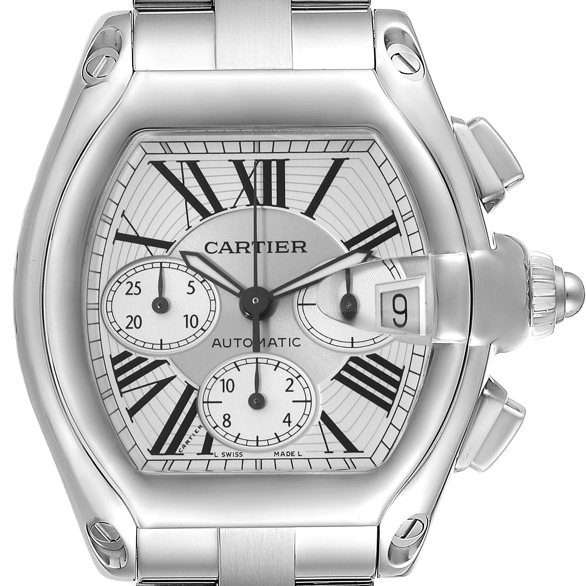 This image shows a close-up, frontal view of the Cartier Roadster W62019X6 Men
s Stainless Steel  W62019X6 Men
s Stainless Steel  watch, highlighting its dial, bezels, and crown.