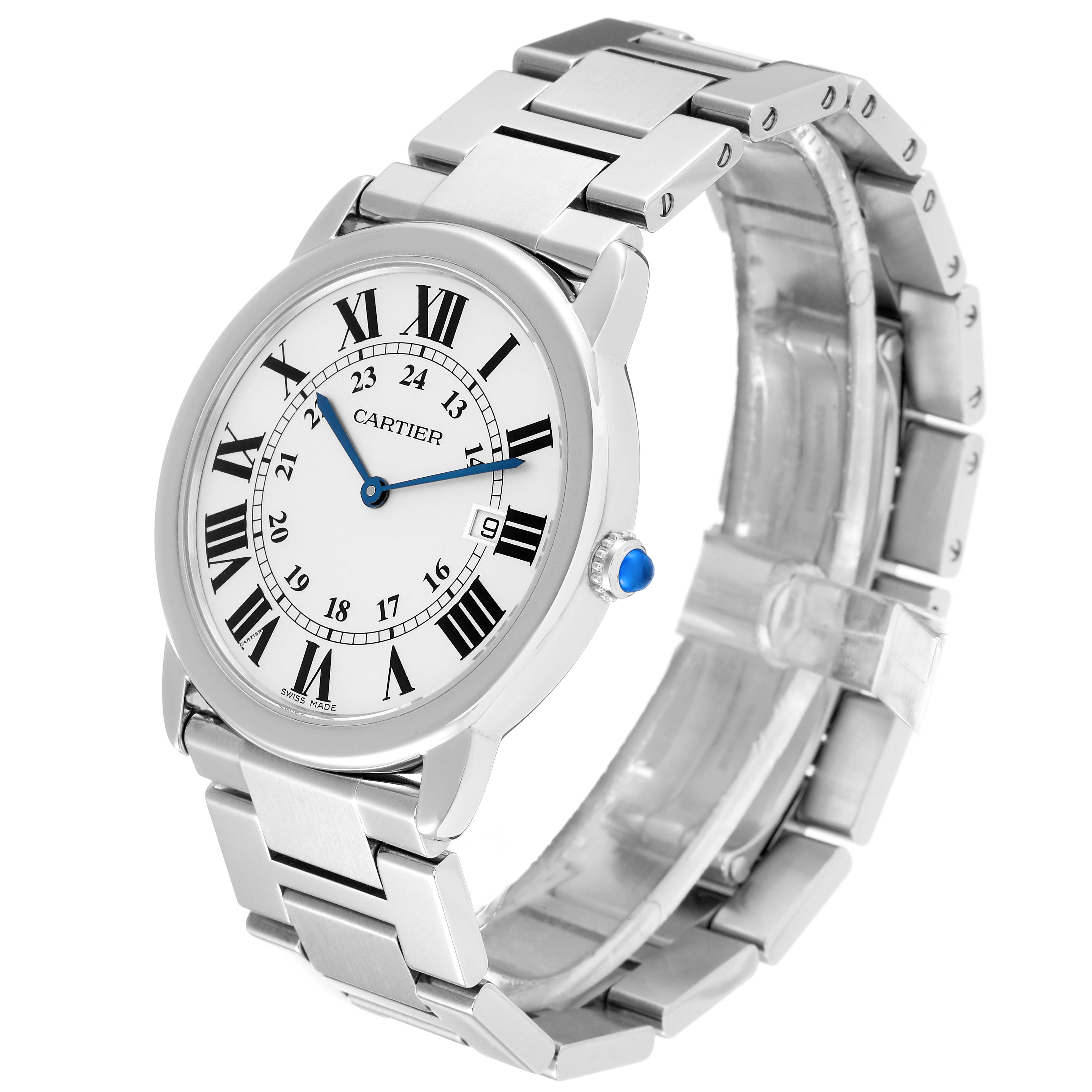 The Cartier Ronde W6701005 Men
s Stainless Steel Silver Dial W6701005 Men
s Stainless Steel Silver Dial watch is shown at an angle, displaying the face, bracelet, and crown.