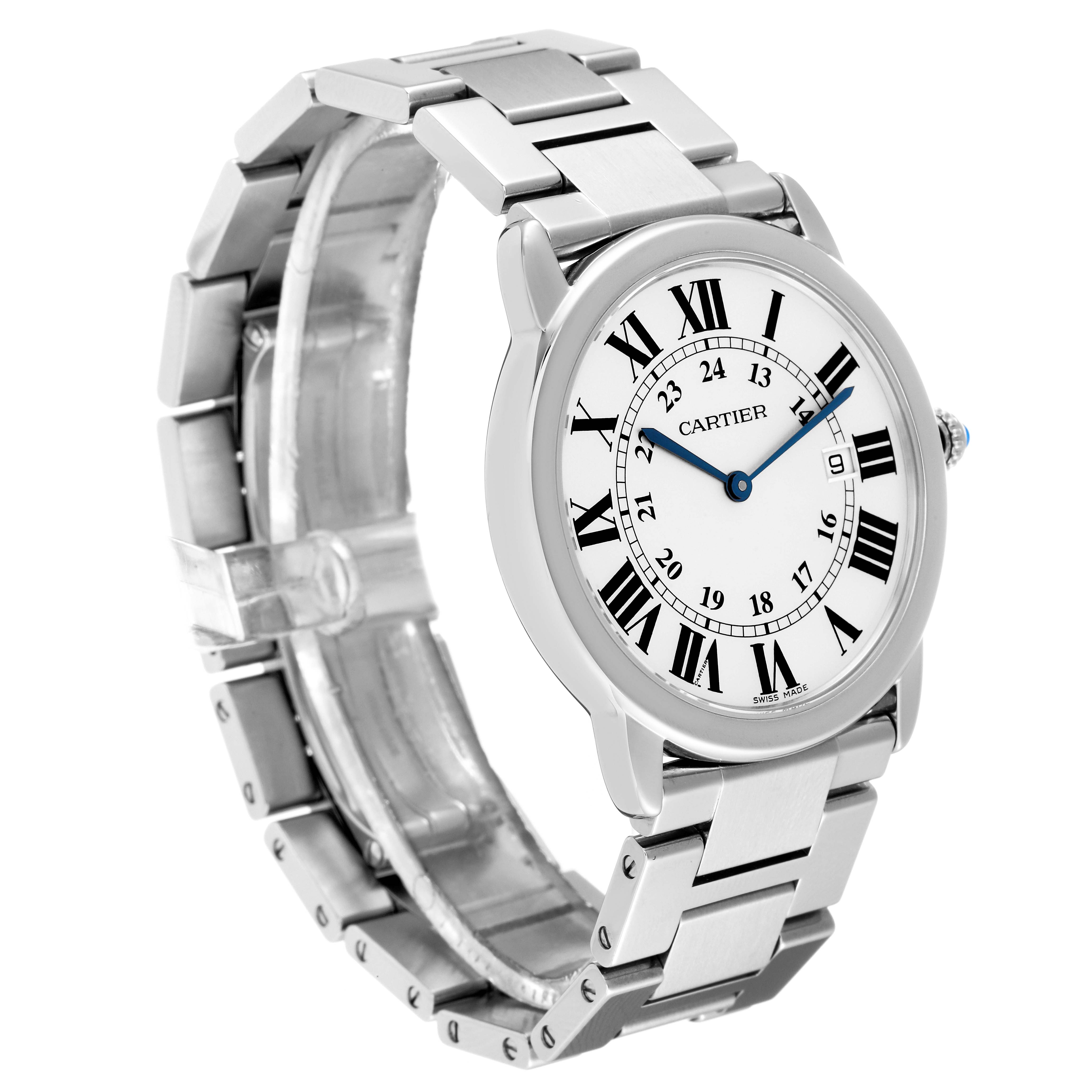 The image shows the Cartier Ronde W6701005 Men
s Stainless Steel Silver Dial W6701005 Men
s Stainless Steel Silver Dial watch at a slight angle, highlighting its face with Roman numerals and stainless steel bracelet.