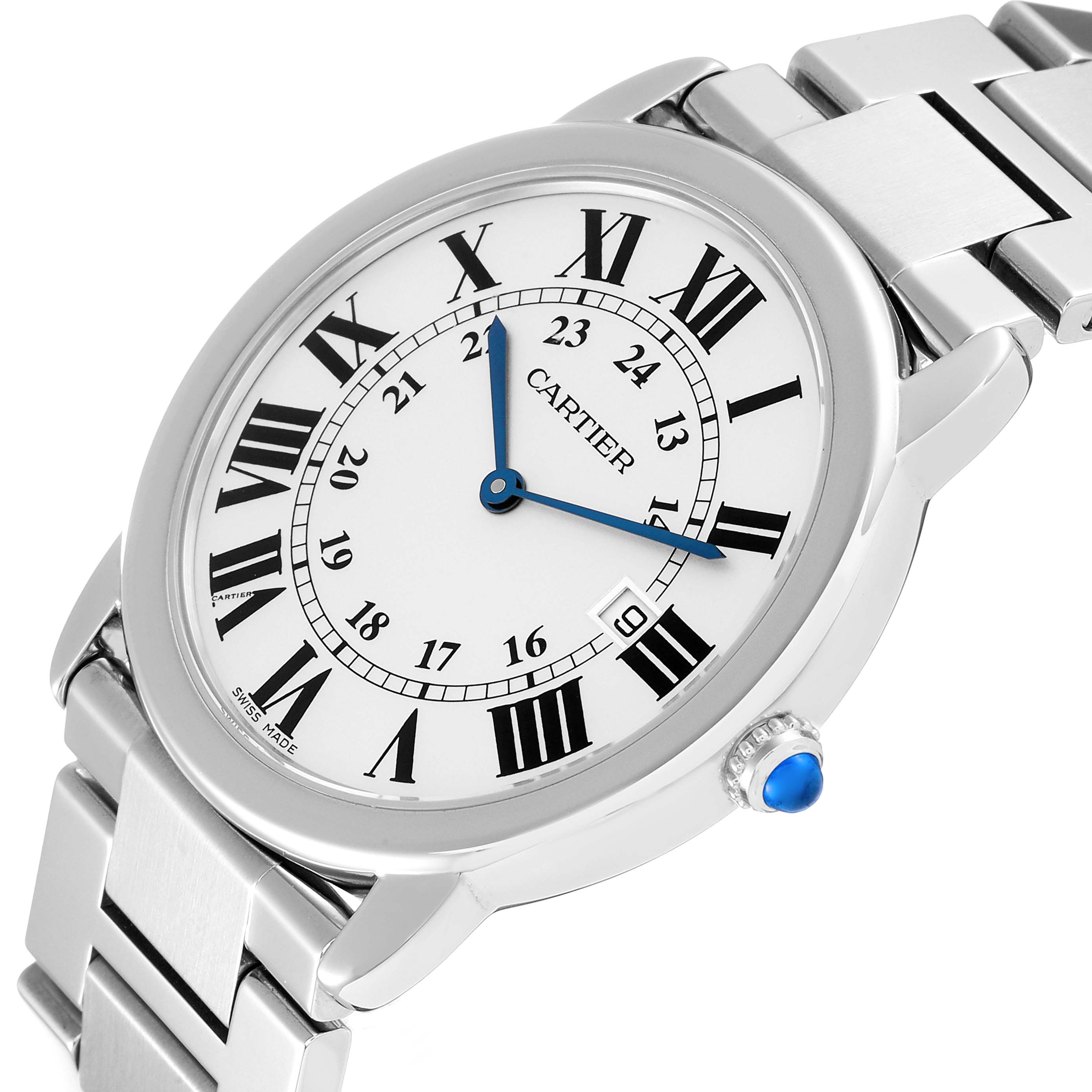 The image shows the dial, bezel, crown, and part of the bracelet of the Cartier Ronde W6701005 Men
s Stainless Steel Silver Dial W6701005 Men
s Stainless Steel Silver Dial watch from a slight angle.
