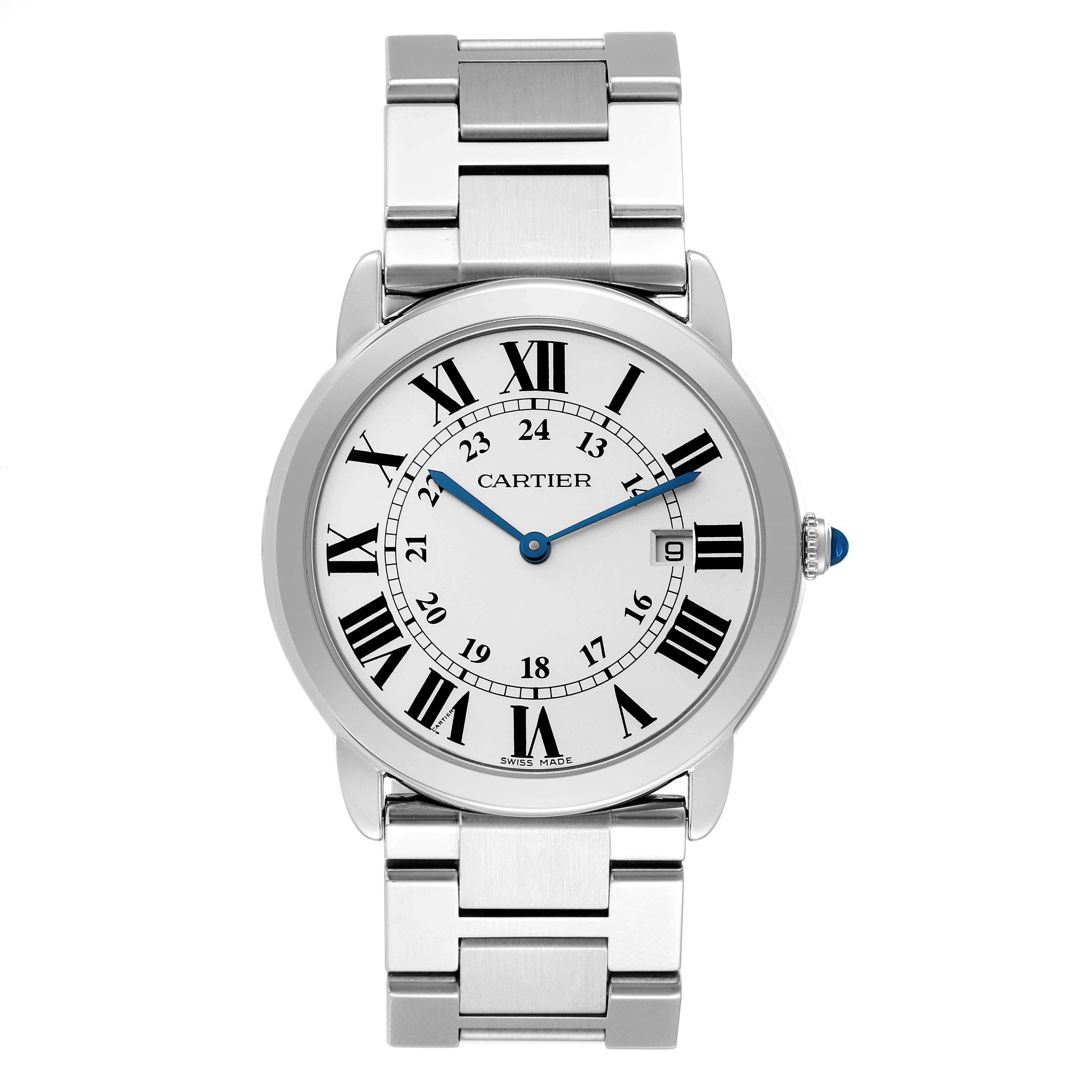 This Cartier Ronde W6701005 Men
s Stainless Steel Silver Dial W6701005 Men
s Stainless Steel Silver Dial watch is shown from a front-angle view, displaying its face, dial, and bracelet.
