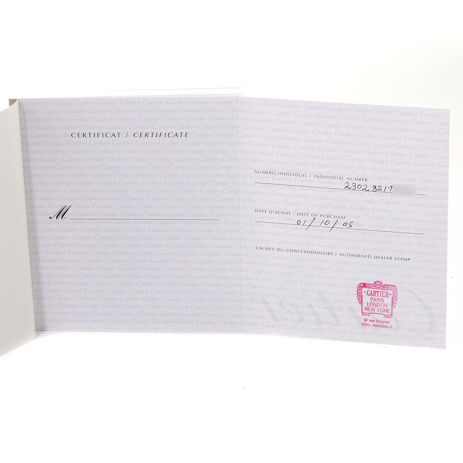 The image shows the Best Quality
ity certificate for a Tank Francaise model by Cartier, open to display the purchase details and dealer stamp.