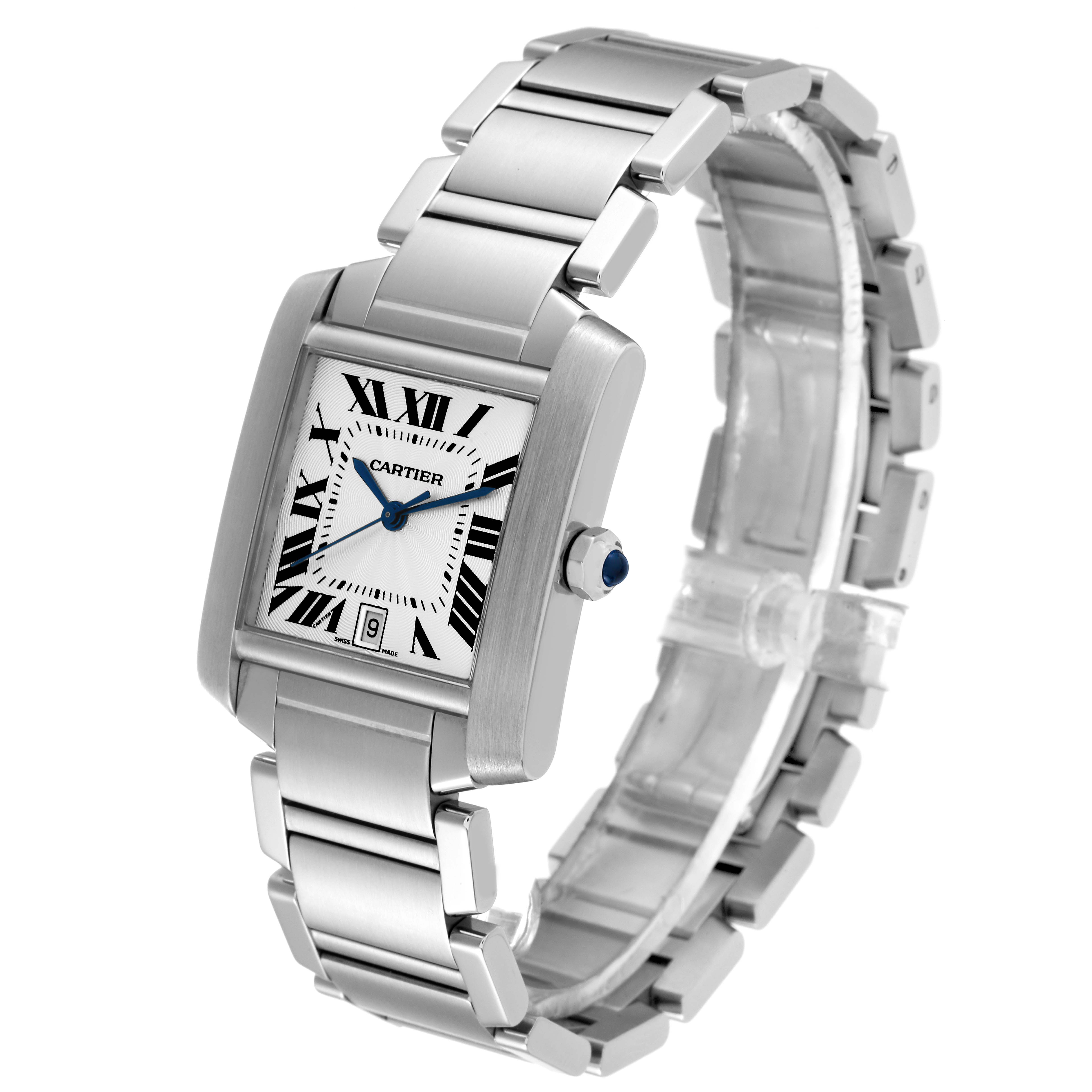 The Cartier Tank Francaise W51002Q3 Men
s Stainless Steel Silver Dial W51002Q3 Men
s Stainless Steel Silver Dial watch is shown at an angle highlighting the face, bracelet, and crown.