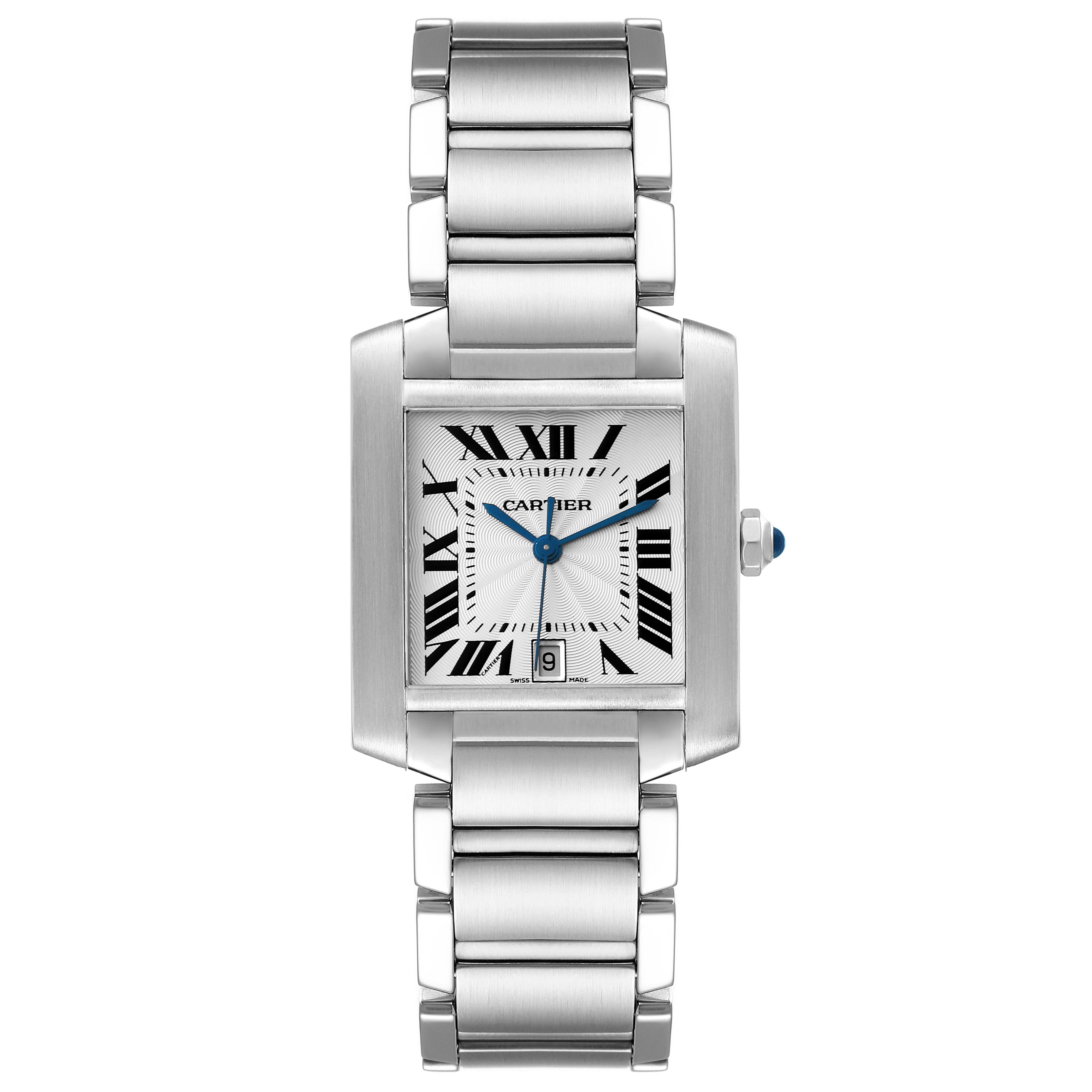 This image shows a straight-on view of the Tank Francaise by Cartier, highlighting the watch face, bracelet, and crown.