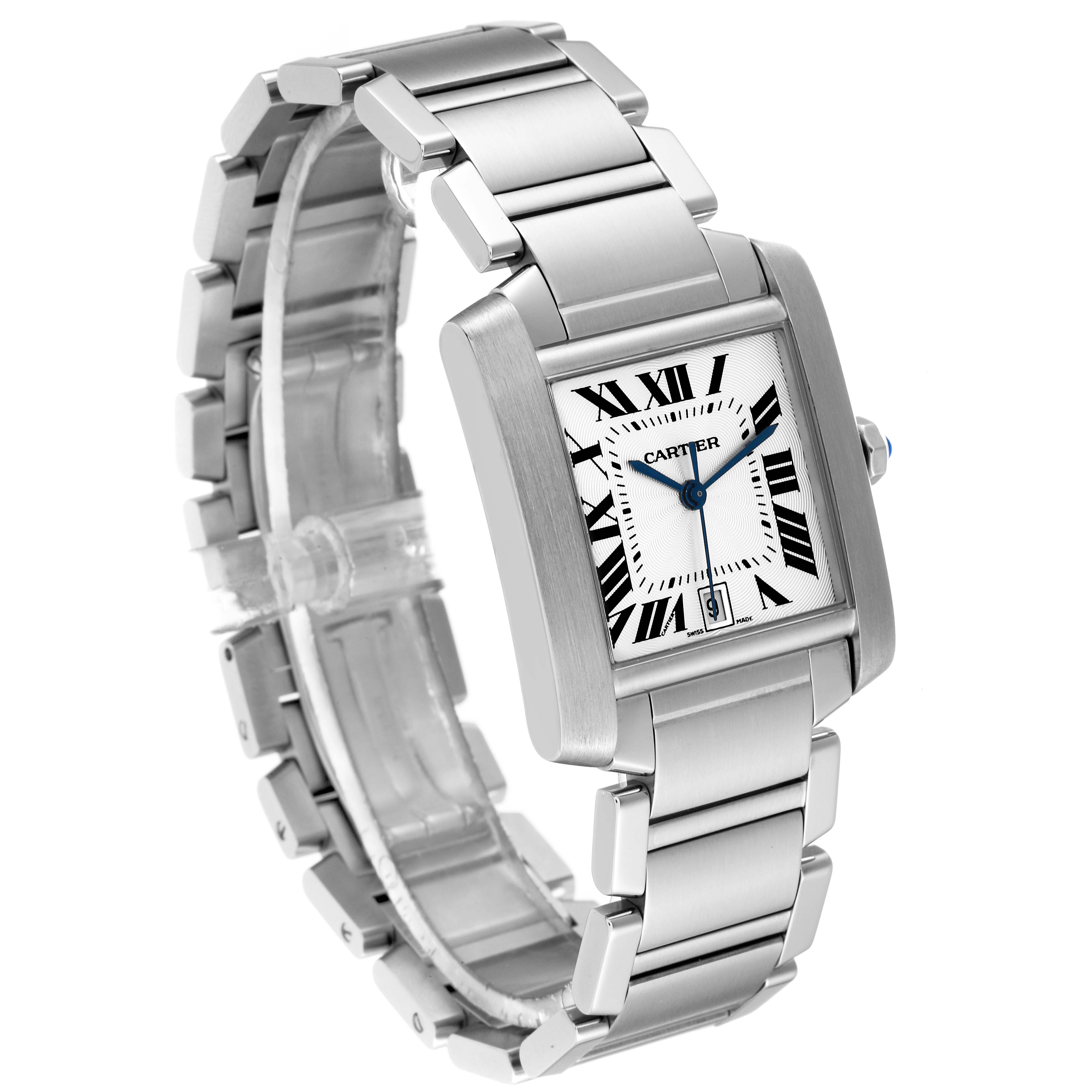 The image shows a side and front angled view of a Cartier Tank Francaise W51002Q3 Men
s Stainless Steel Silver Dial W51002Q3 Men
s Stainless Steel Silver Dial watch, highlighting its bracelet and face.