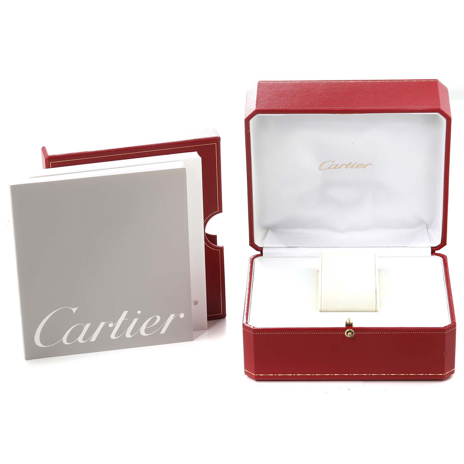 The image shows the packaging and manual for a Cartier Tank Française watch with the box open, revealing an interior slot.