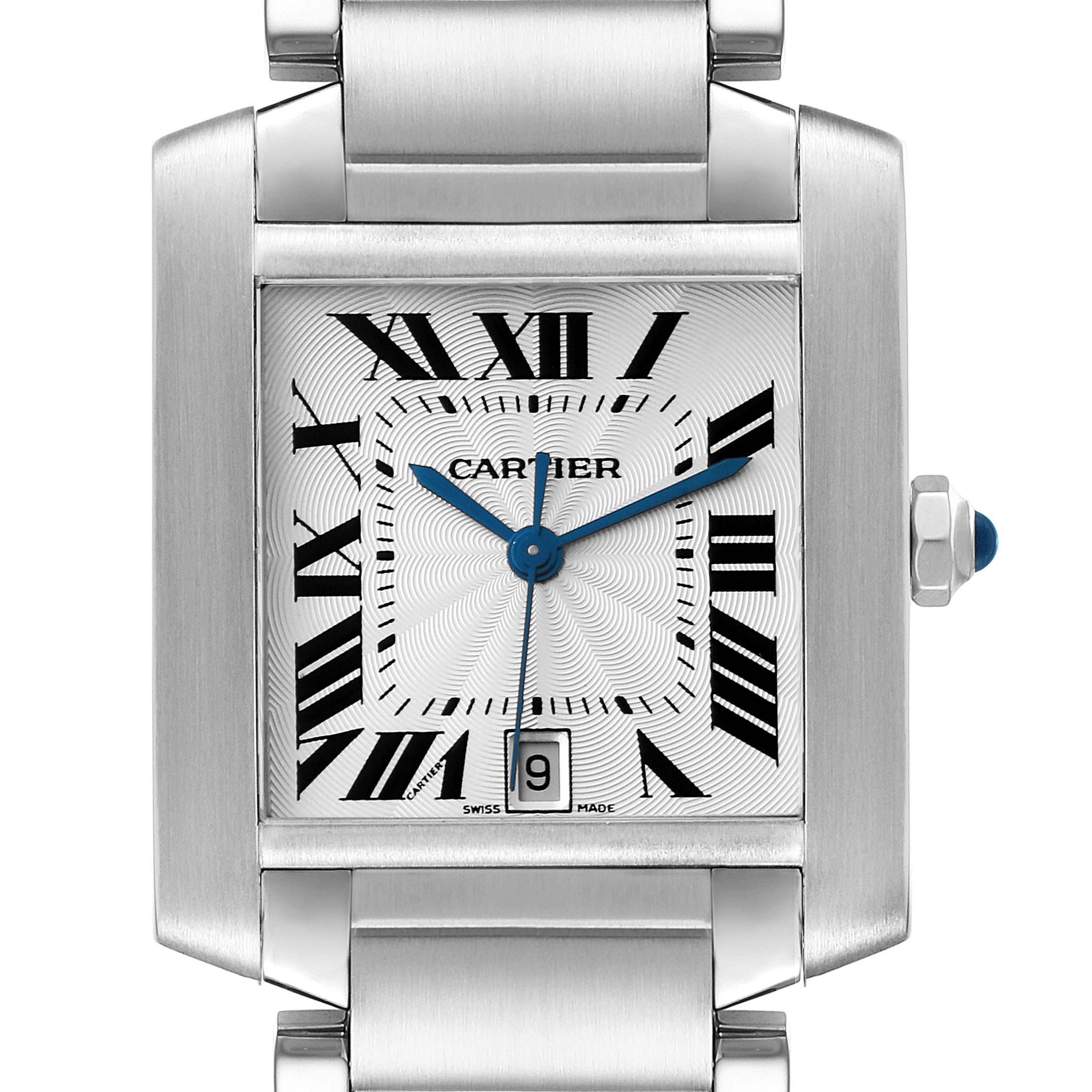 The image shows a front view of a Cartier Tank Française watch, highlighting the face, Roman numerals, and metal bracelet.