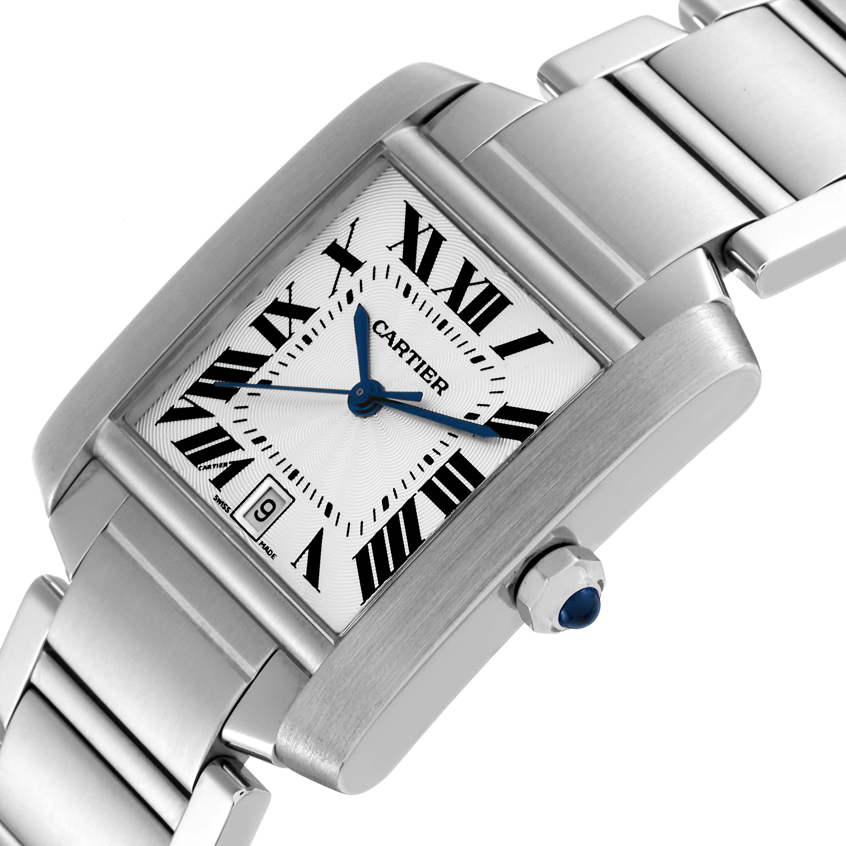The image shows a close-up of a Cartier Tank Francaise W51002Q3 Men
s Stainless Steel Silver Dial W51002Q3 Men
s Stainless Steel Silver Dial watch, highlighting its face, crown, and part of the bracelet.