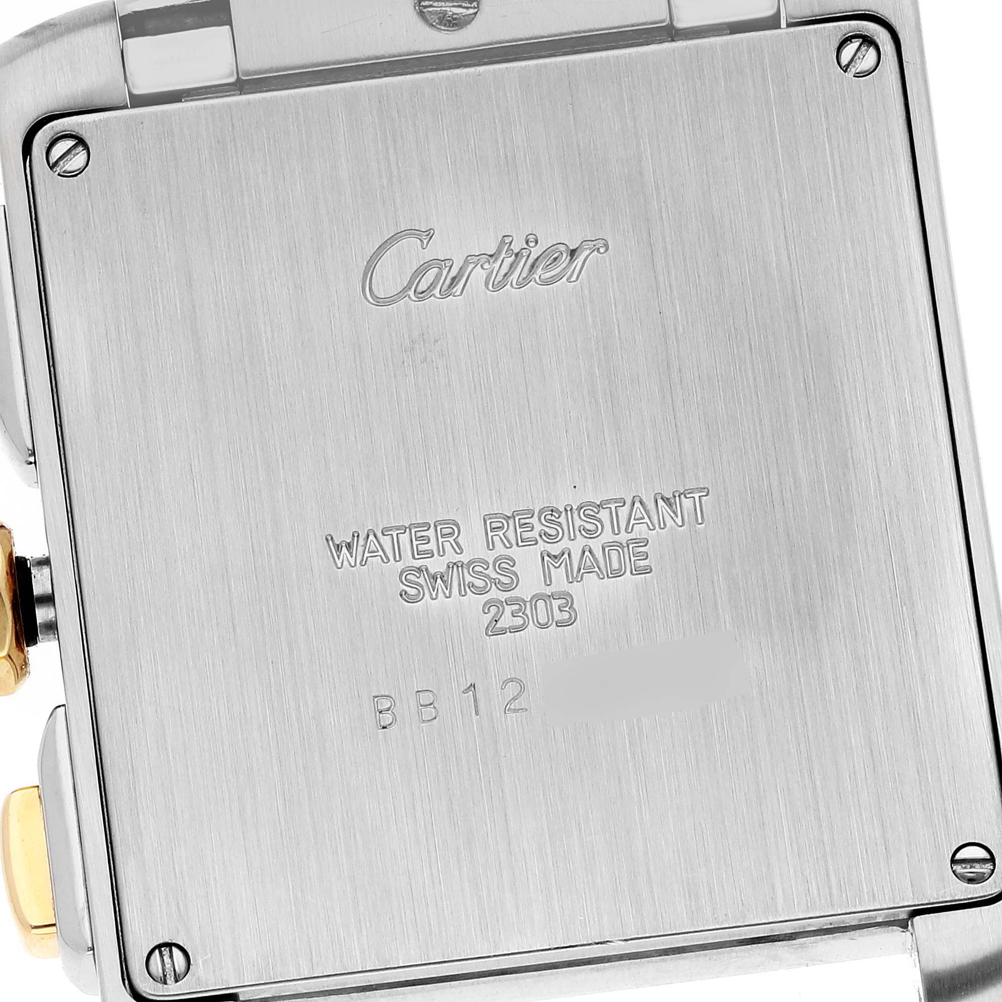 The image shows the back case of a Cartier Tank Française watch, displaying the brand's engraving and model details.