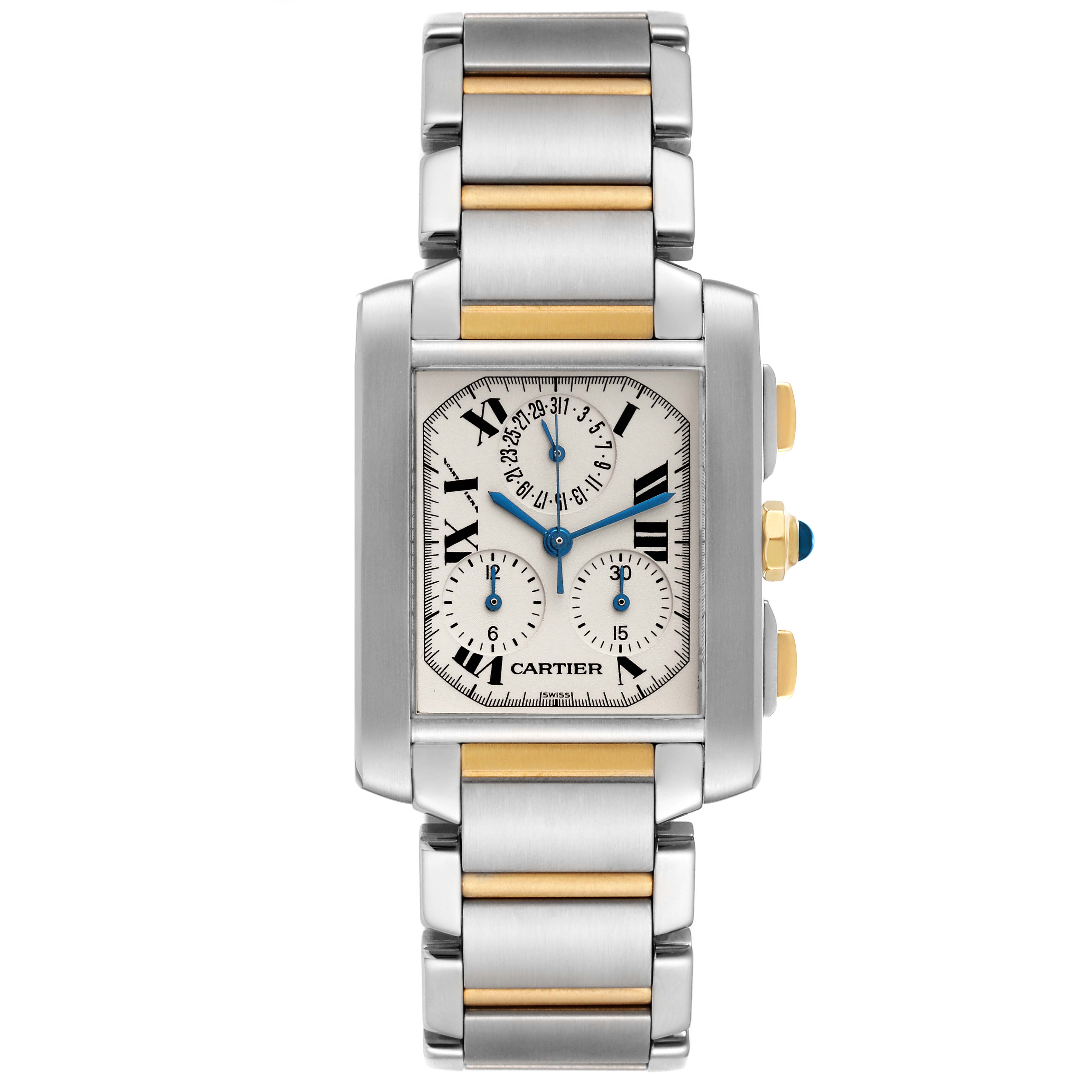 The image shows a Cartier Tank Française watch from a frontal angle, highlighting the dial, bracelet, and side buttons.