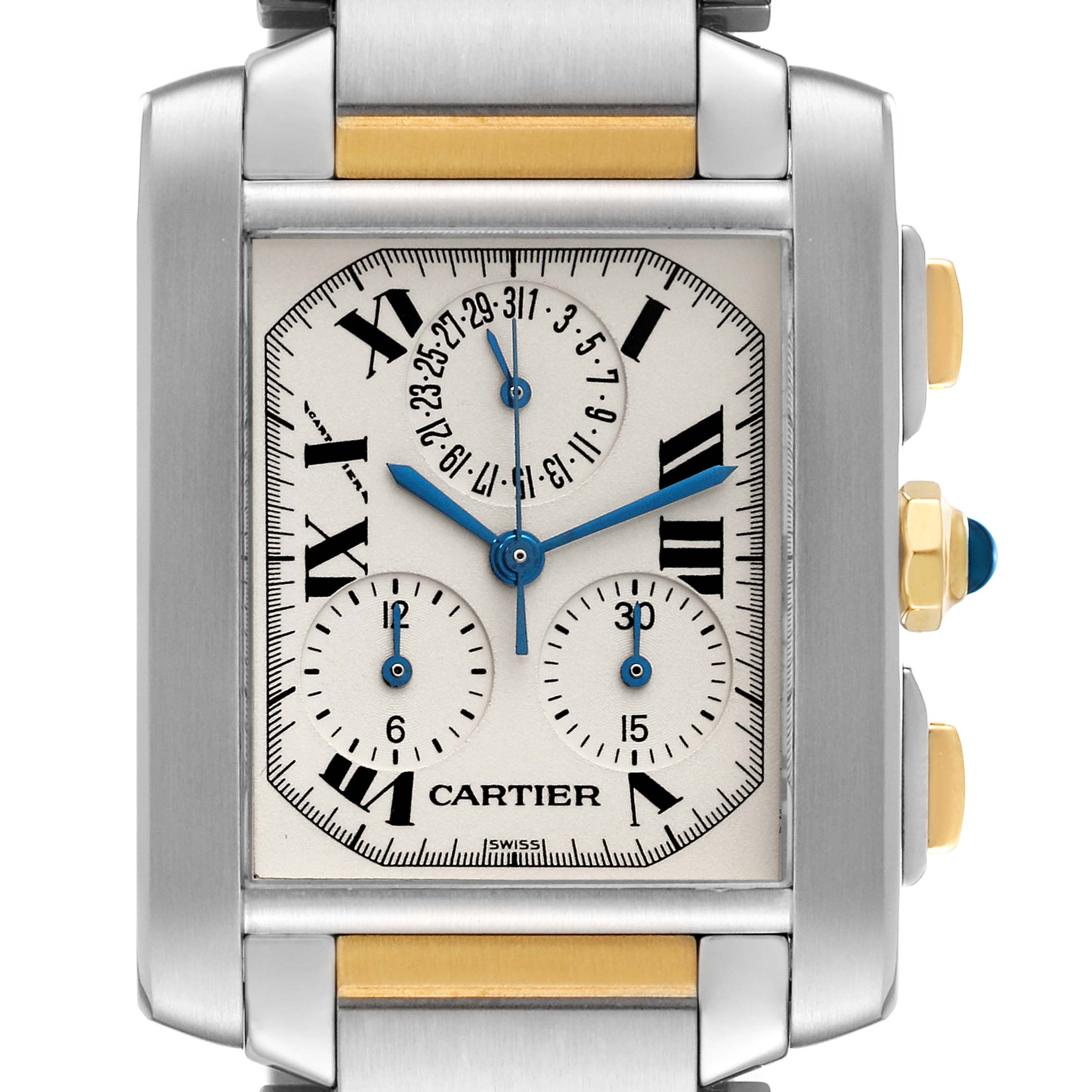 This image shows a close-up view of the dial and part of the bracelet of the Cartier Tank Francaise W51004Q4 Men's Steel and Gold (two tone) Silver Dial W51004Q4 Men's Steel and Gold (two tone) Silver Dial watch.