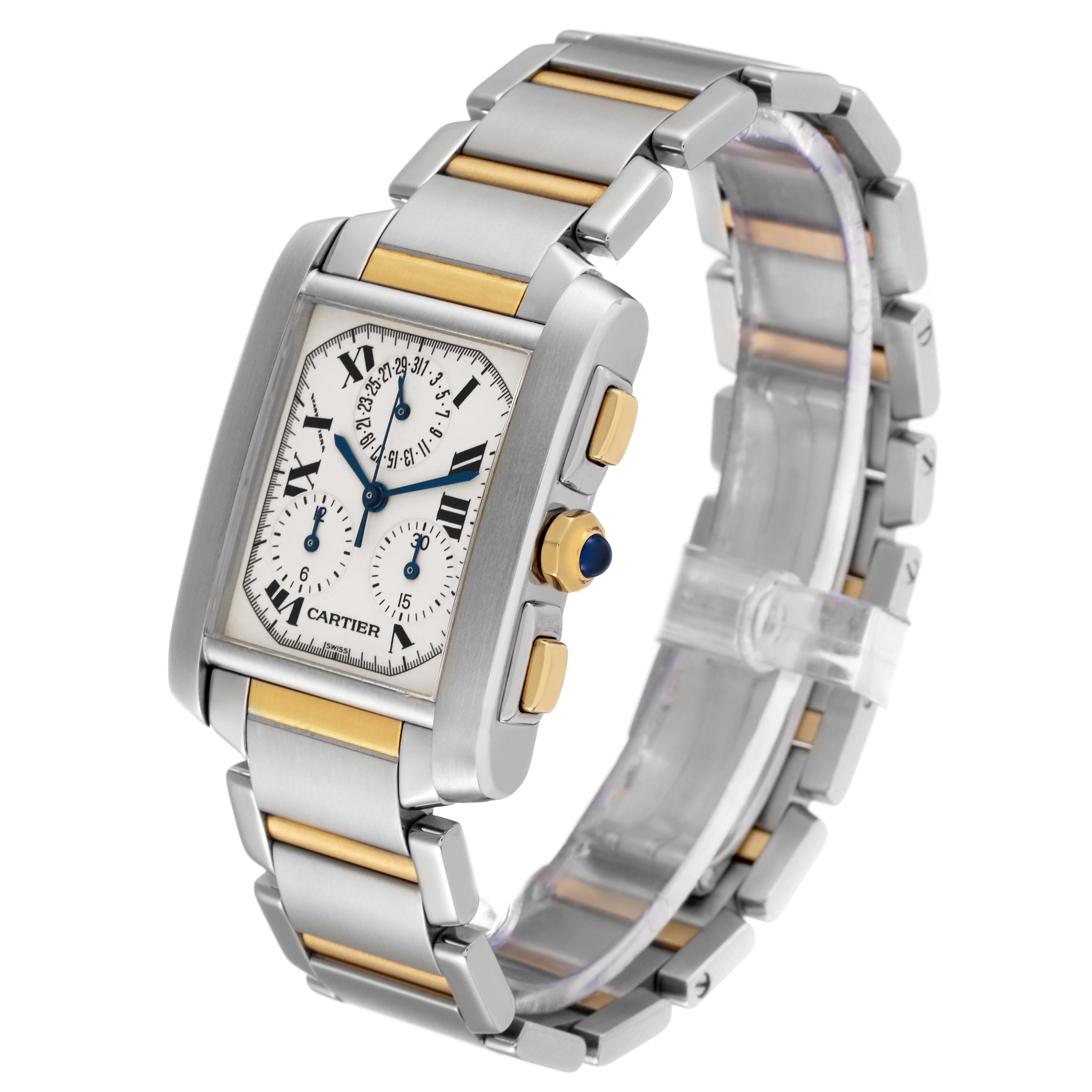 The image shows a Cartier Tank Française watch at a three-quarter angle, highlighting its face, bezel, and two-tone metal bracelet.