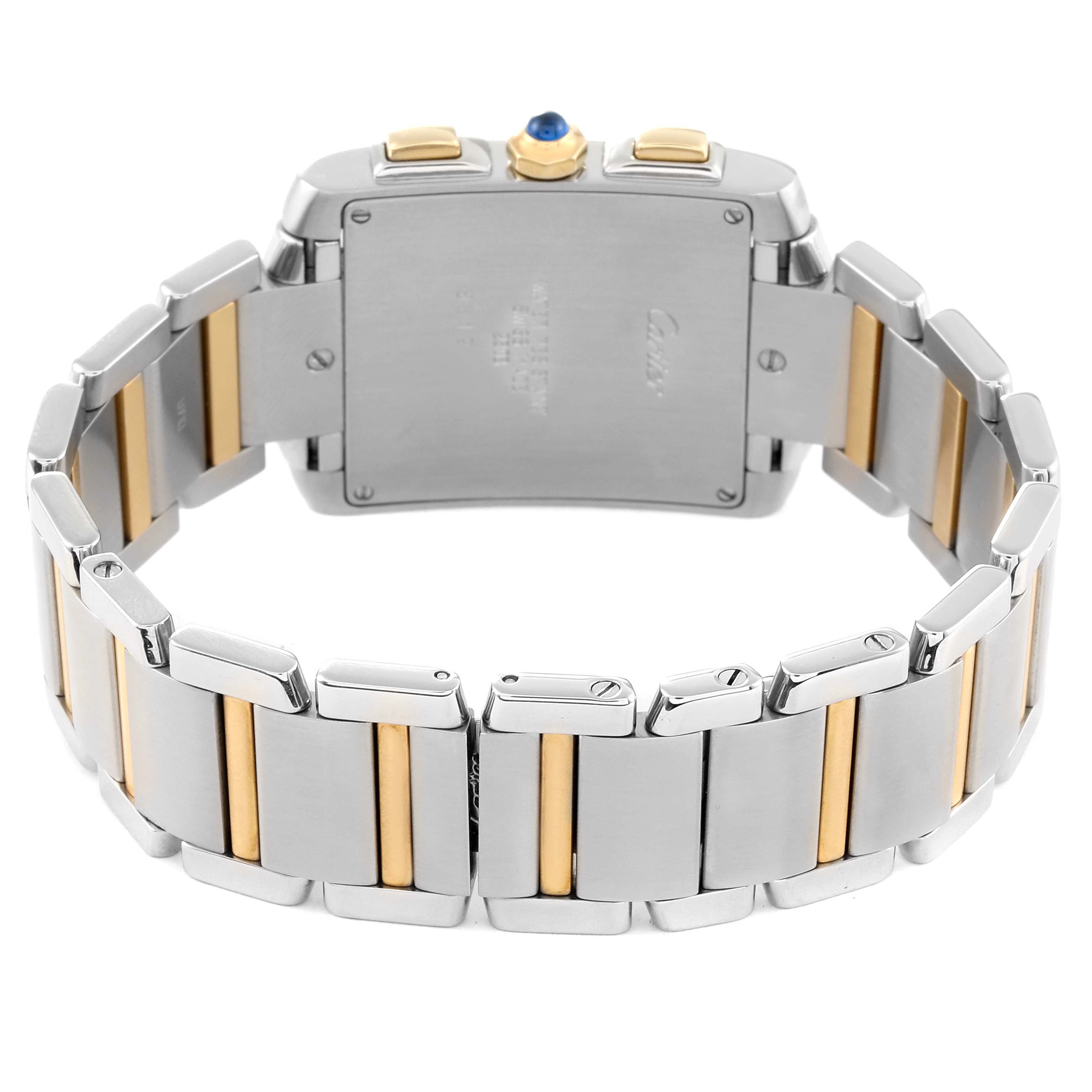This is a rear view of a Cartier Tank Francaise W51004Q4 Men's Steel and Gold (two tone) Silver Dial W51004Q4 Men's Steel and Gold (two tone) Silver Dial watch, showing the bracelet and case back.