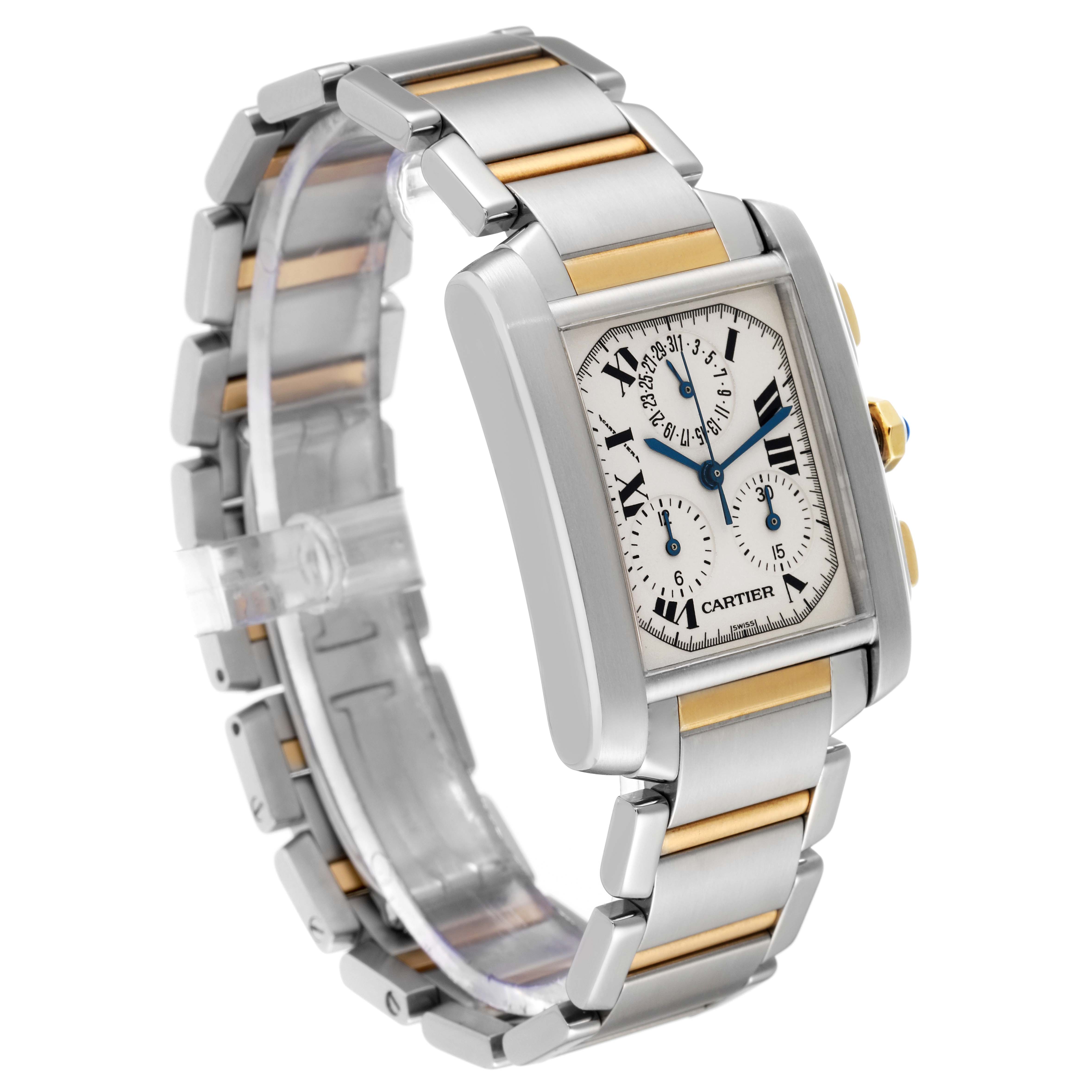 This image shows a Cartier Tank Francaise W51004Q4 Men's Steel and Gold (two tone) Silver Dial W51004Q4 Men's Steel and Gold (two tone) Silver Dial watch at an angle that highlights its face, bracelet, and side buttons.