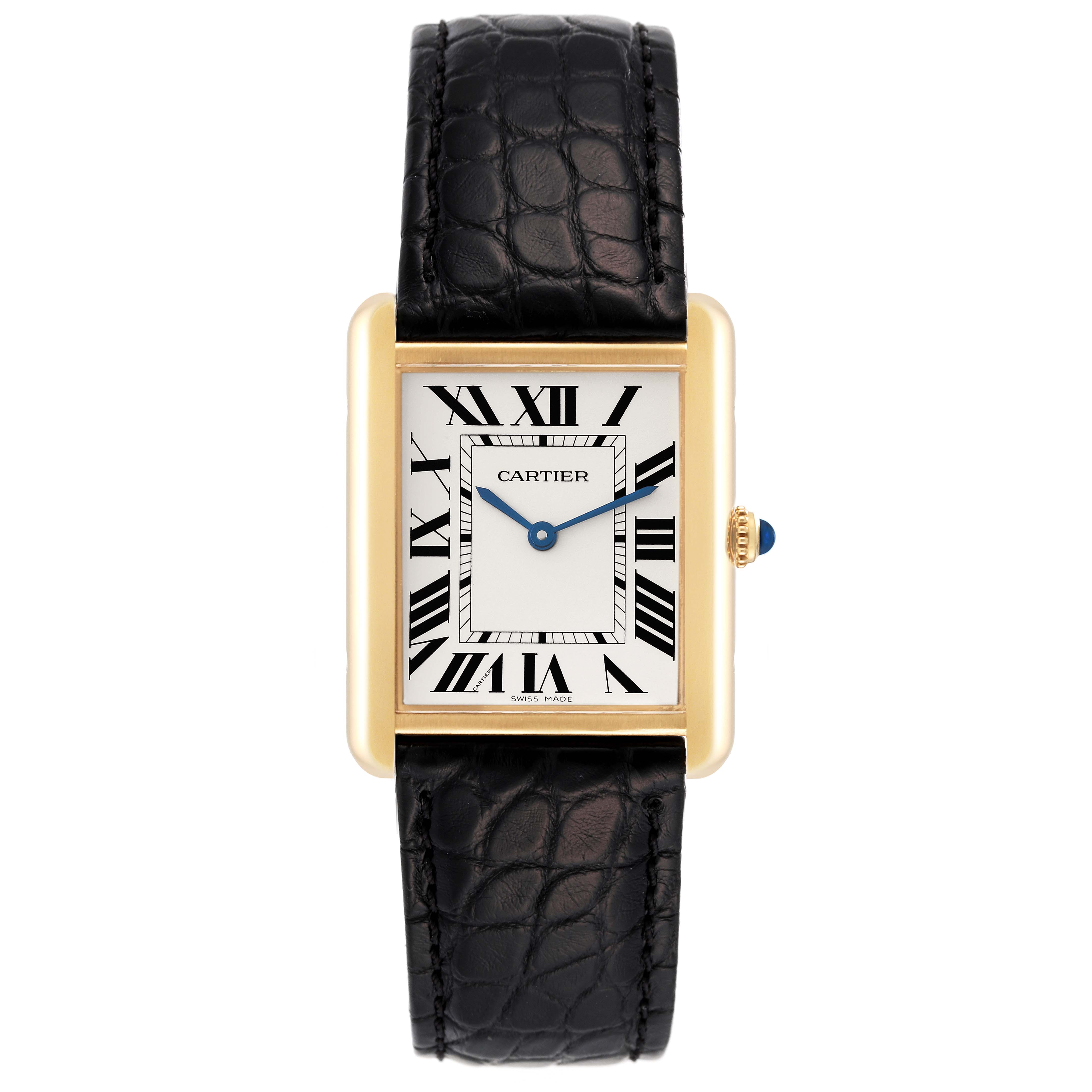 This image shows a frontal view of a Cartier Tank Solo W5200004 Men
s Yellow Gold Silver Dial W5200004 Men
s Yellow Gold Silver Dial watch, featuring its rectangular face, Roman numerals, gold case, and black leather strap.