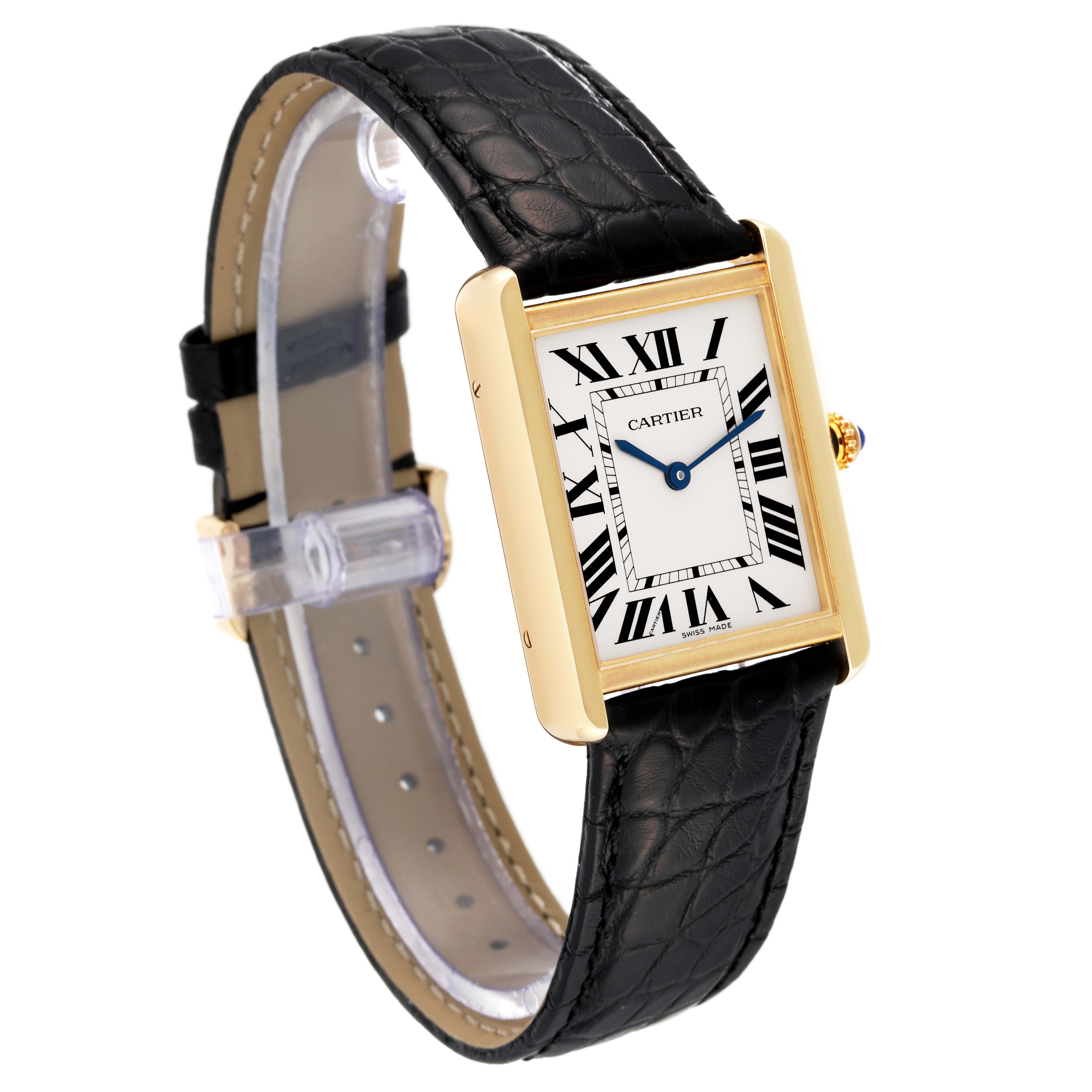 The image shows the front and side of the Cartier Tank Solo W5200004 Men
s Yellow Gold Silver Dial W5200004 Men
s Yellow Gold Silver Dial watch, with a black leather strap and gold case.