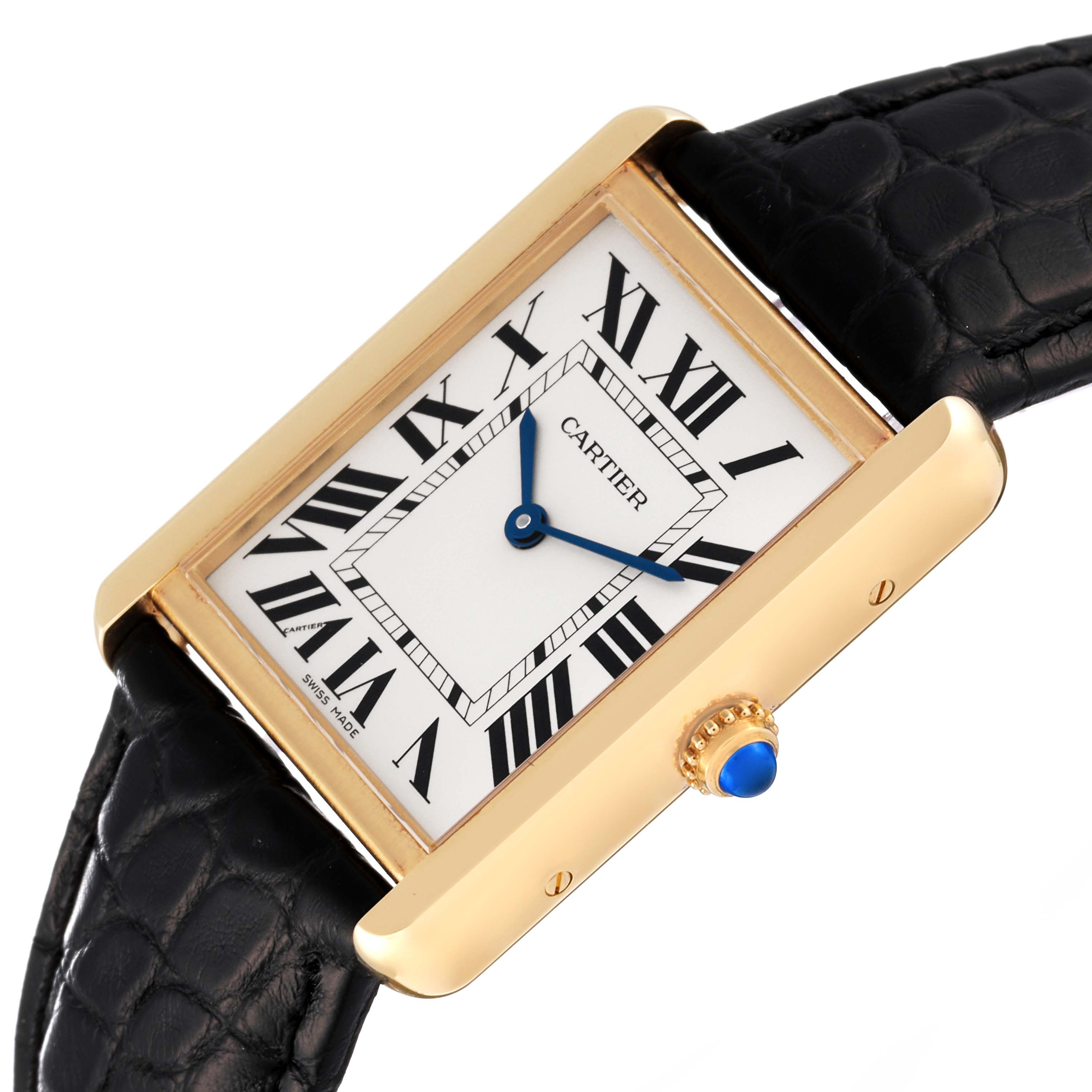 The image shows the Cartier Tank Solo W5200004 Men
s Yellow Gold Silver Dial W5200004 Men
s Yellow Gold Silver Dial watch from an angled top view, highlighting its face, bezel, crown, and strap.