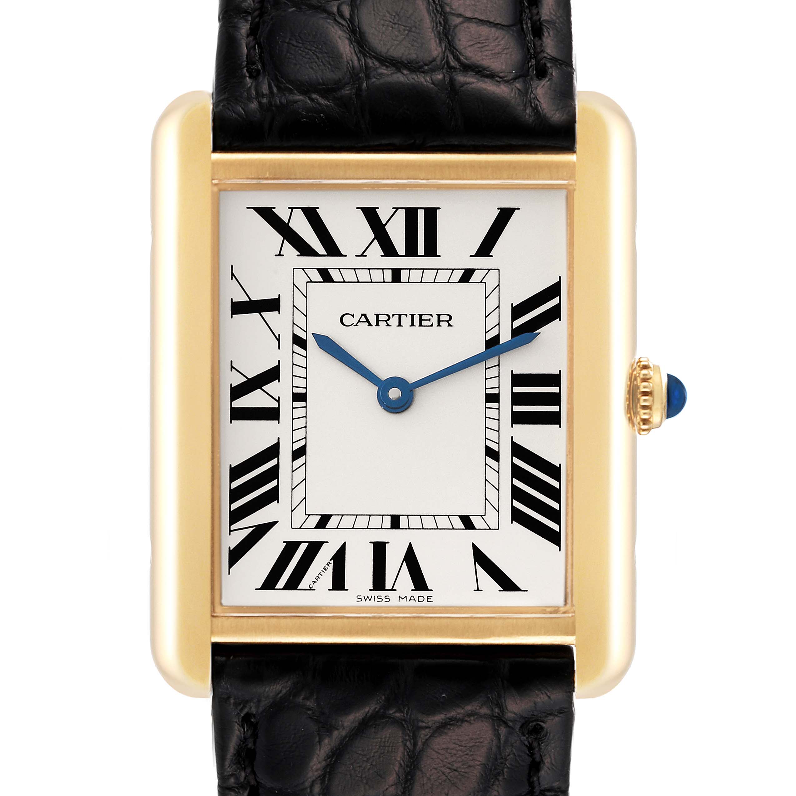 The image shows a Cartier Tank Solo W5200004 Men
s Yellow Gold Silver Dial W5200004 Men
s Yellow Gold Silver Dial watch face with Roman numerals, blue hands, and a black strap, viewed from the front.