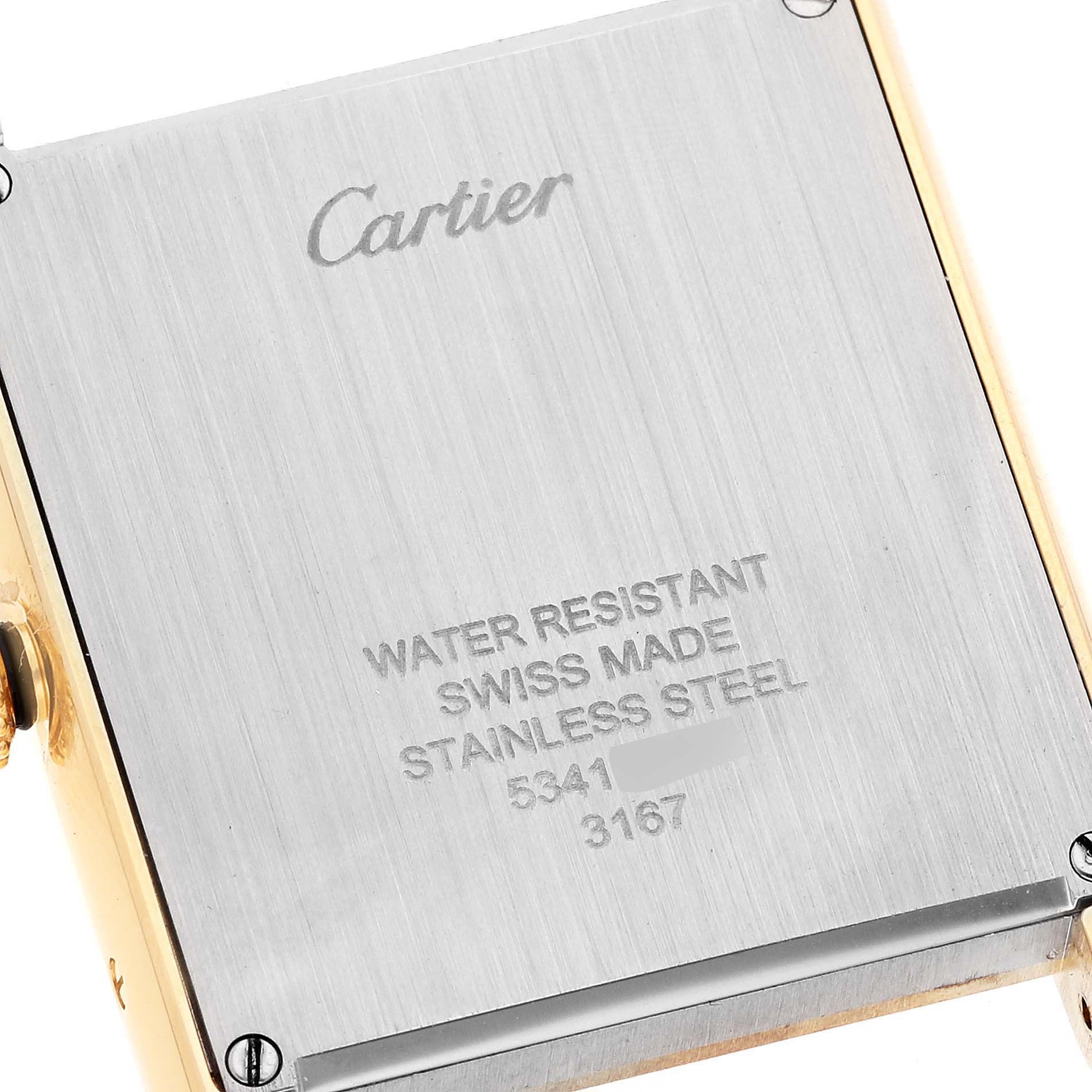 The image shows the back case of a Cartier Tank Solo W5200004 Men
s Yellow Gold Silver Dial W5200004 Men
s Yellow Gold Silver Dial watch, highlighting its water resistance and material details.