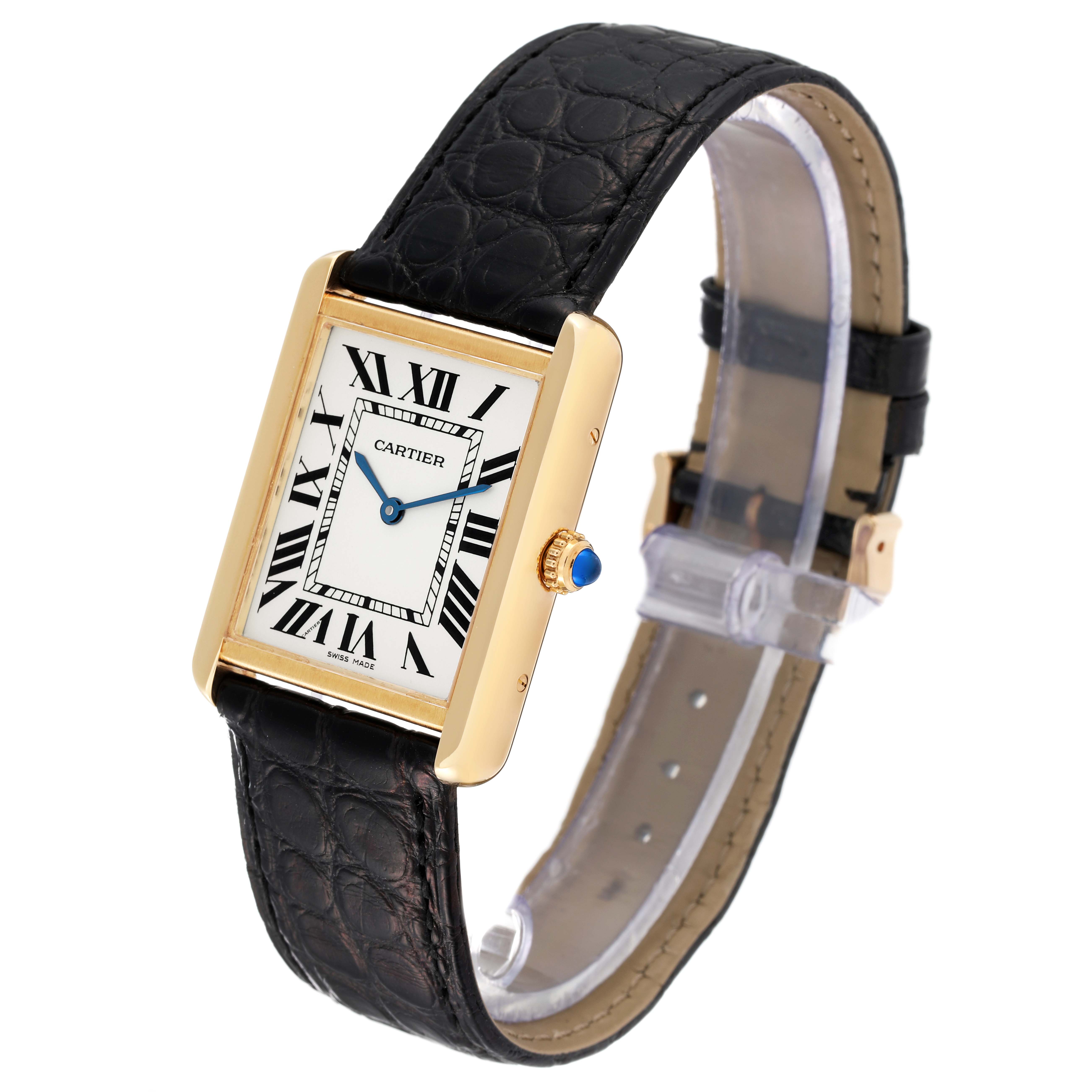 This Cartier Tank Solo W5200004 Men
s Yellow Gold Silver Dial W5200004 Men
s Yellow Gold Silver Dial watch is shown from a front angle, highlighting the face, gold case, and black leather strap.