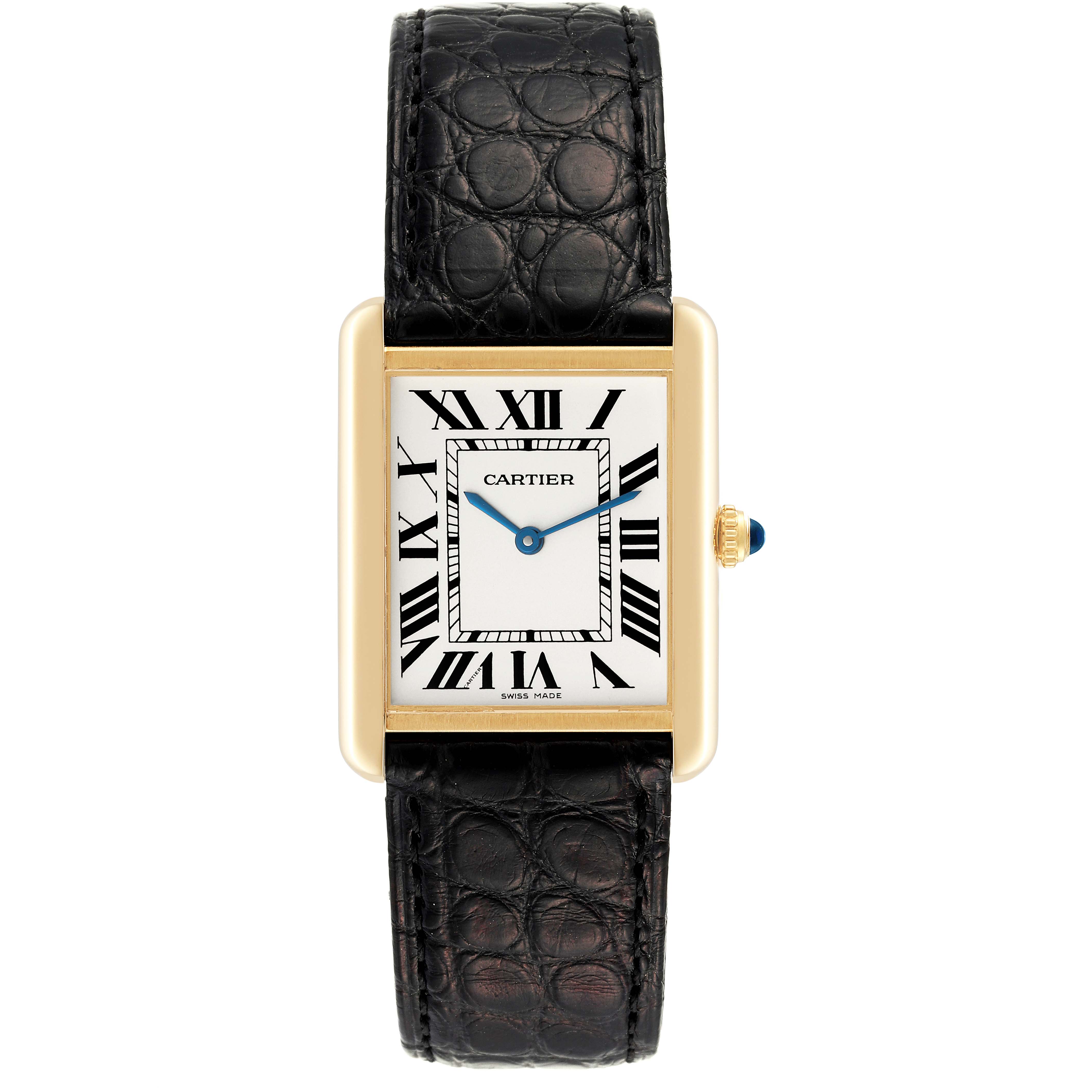 The image shows a Cartier Tank Solo W5200004 Men
s Yellow Gold Silver Dial W5200004 Men
s Yellow Gold Silver Dial watch from a front angle, displaying its rectangular face, Roman numerals, and alligator strap.