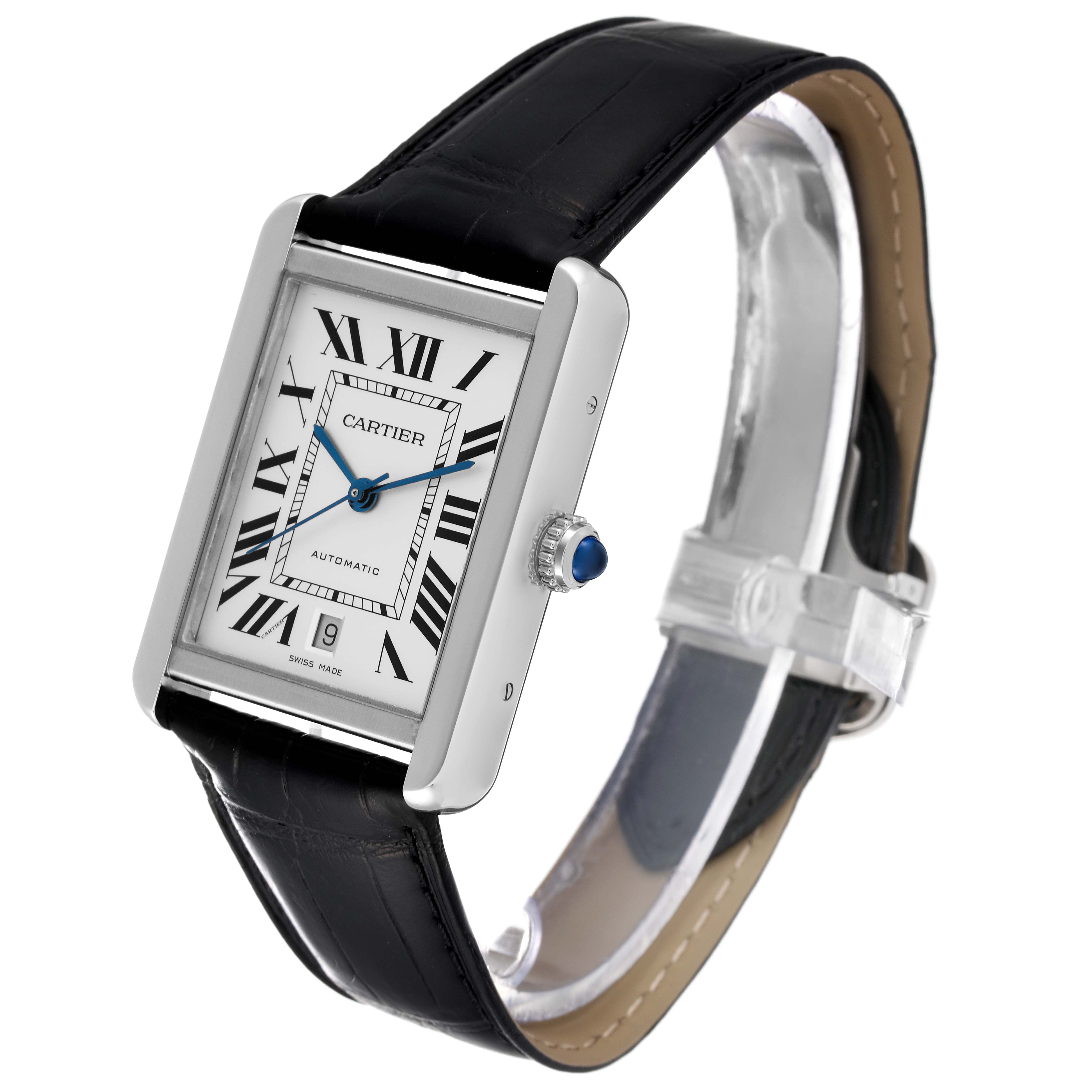 The image shows a Cartier Tank Solo WSTA0029 Men
s Stainless Steel Silver Dial WSTA0029 Men
s Stainless Steel Silver Dial watch at a slight angle, displaying its face, crown, and black leather strap.