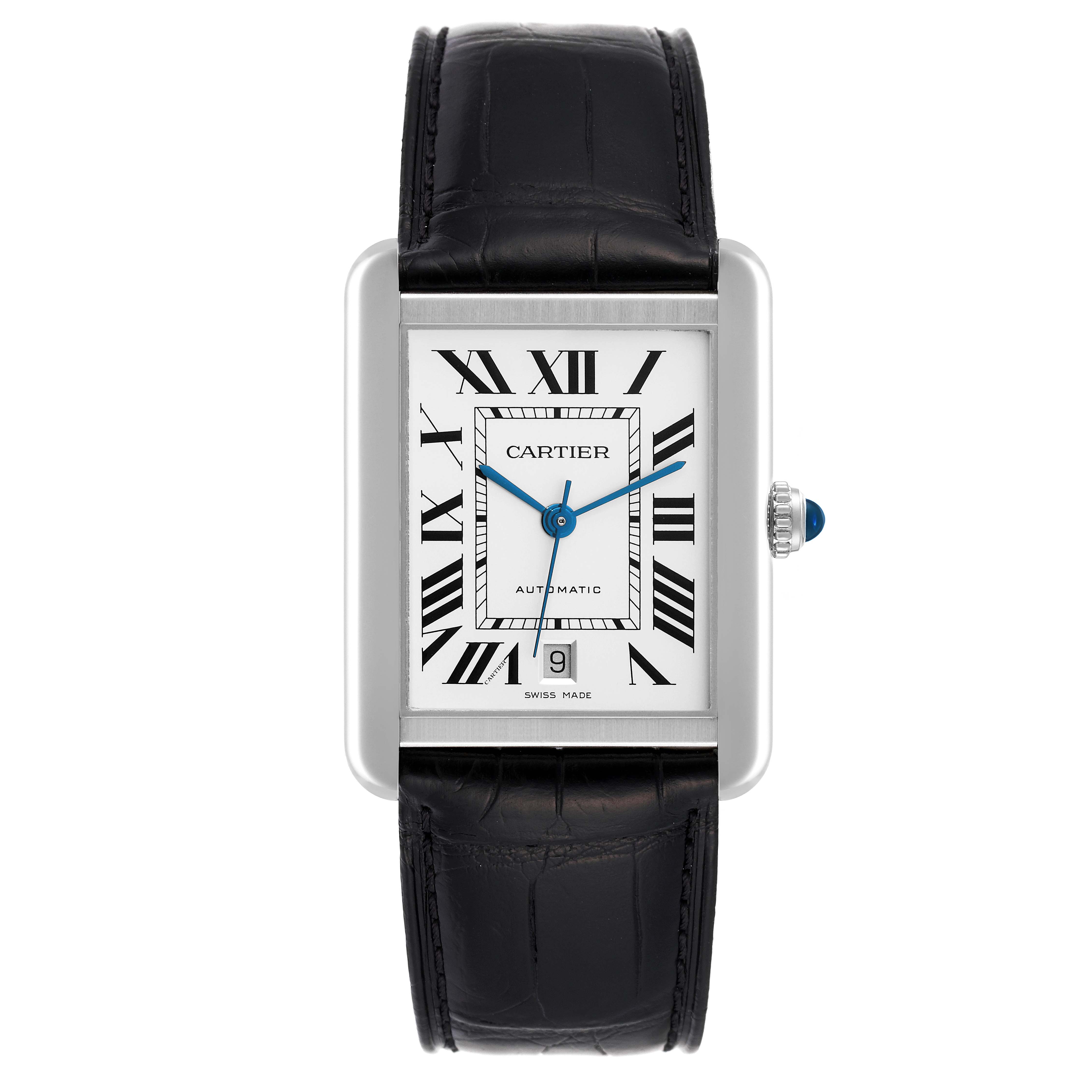 The image shows a Cartier Tank Solo WSTA0029 Men
s Stainless Steel Silver Dial WSTA0029 Men
s Stainless Steel Silver Dial watch, featuring a rectangular face, Roman numerals, and a black leather strap, viewed from the front.