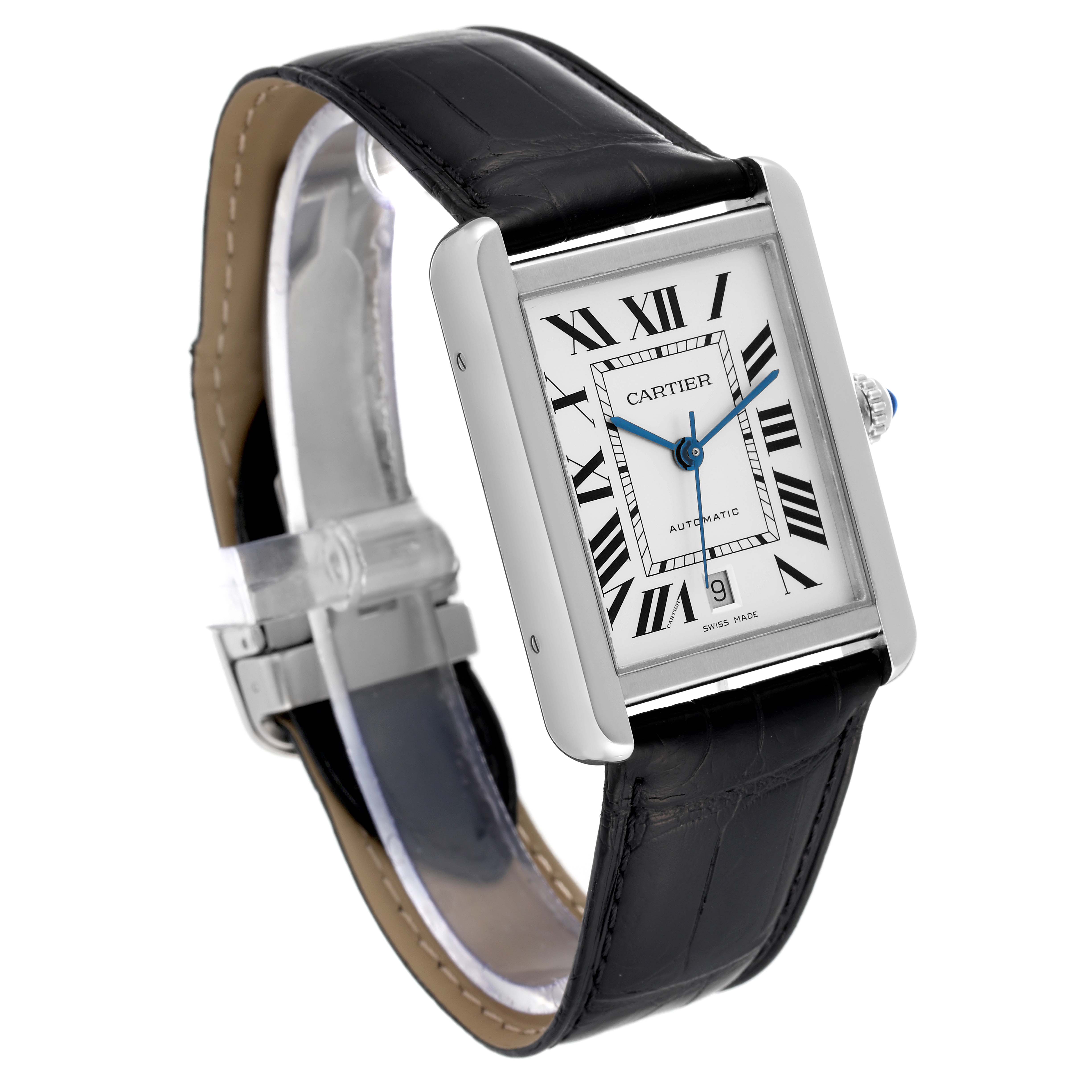 The Tank Solo model by Cartier is shown at a slight side angle, featuring its rectangular face, Roman numeral dial, and black leather strap.