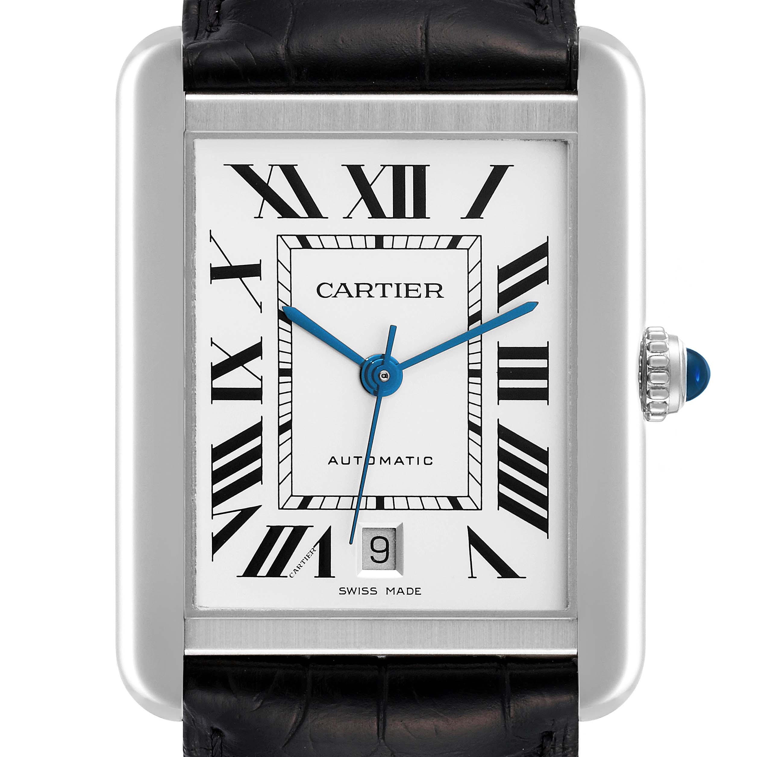 The image shows a front view of the Tank Solo model by Cartier, highlighting its face, Roman numerals, blue hands, and date window.