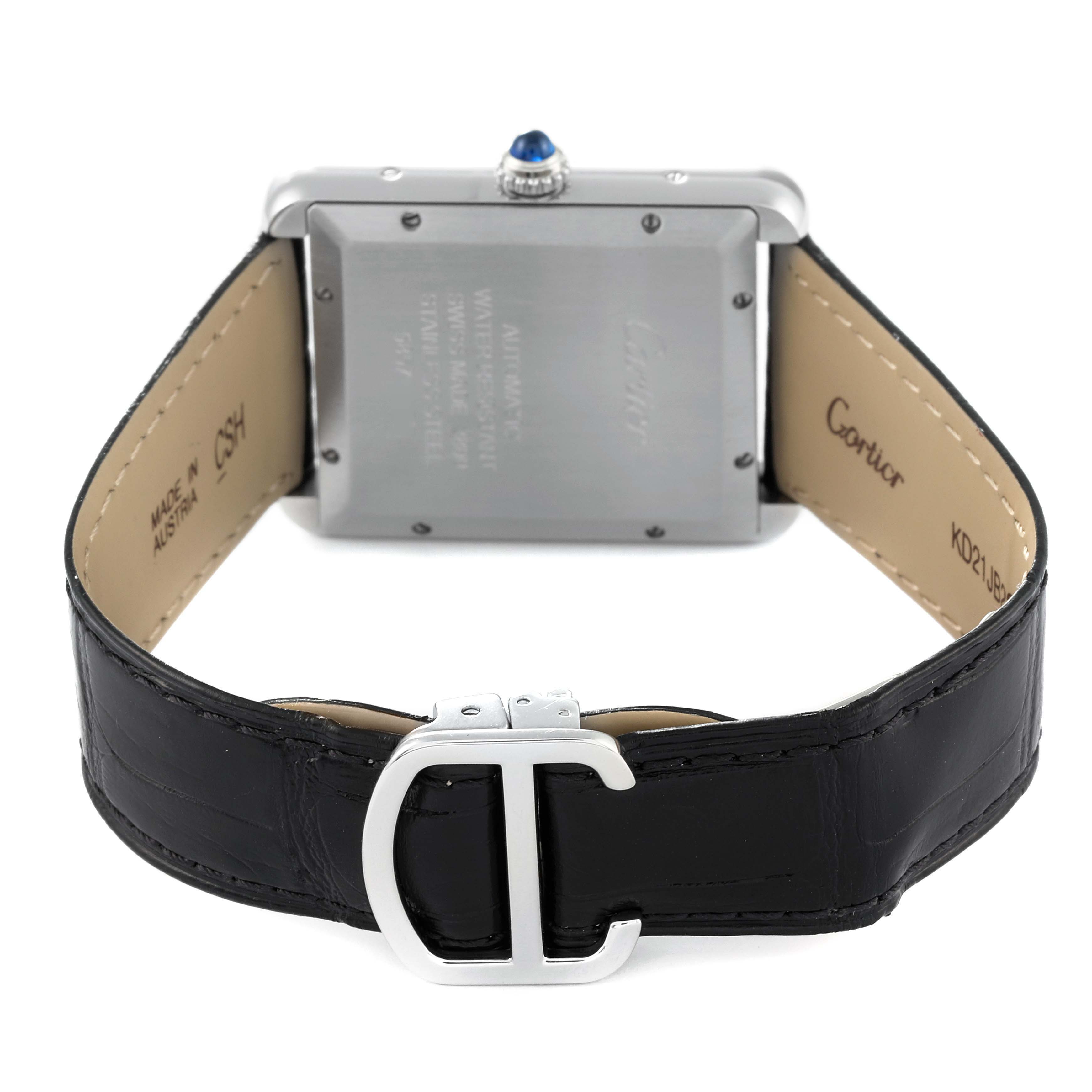 This image shows the back view of a Cartier Tank Solo WSTA0029 Men
s Stainless Steel Silver Dial WSTA0029 Men
s Stainless Steel Silver Dial watch, highlighting its case, strap, and clasp.