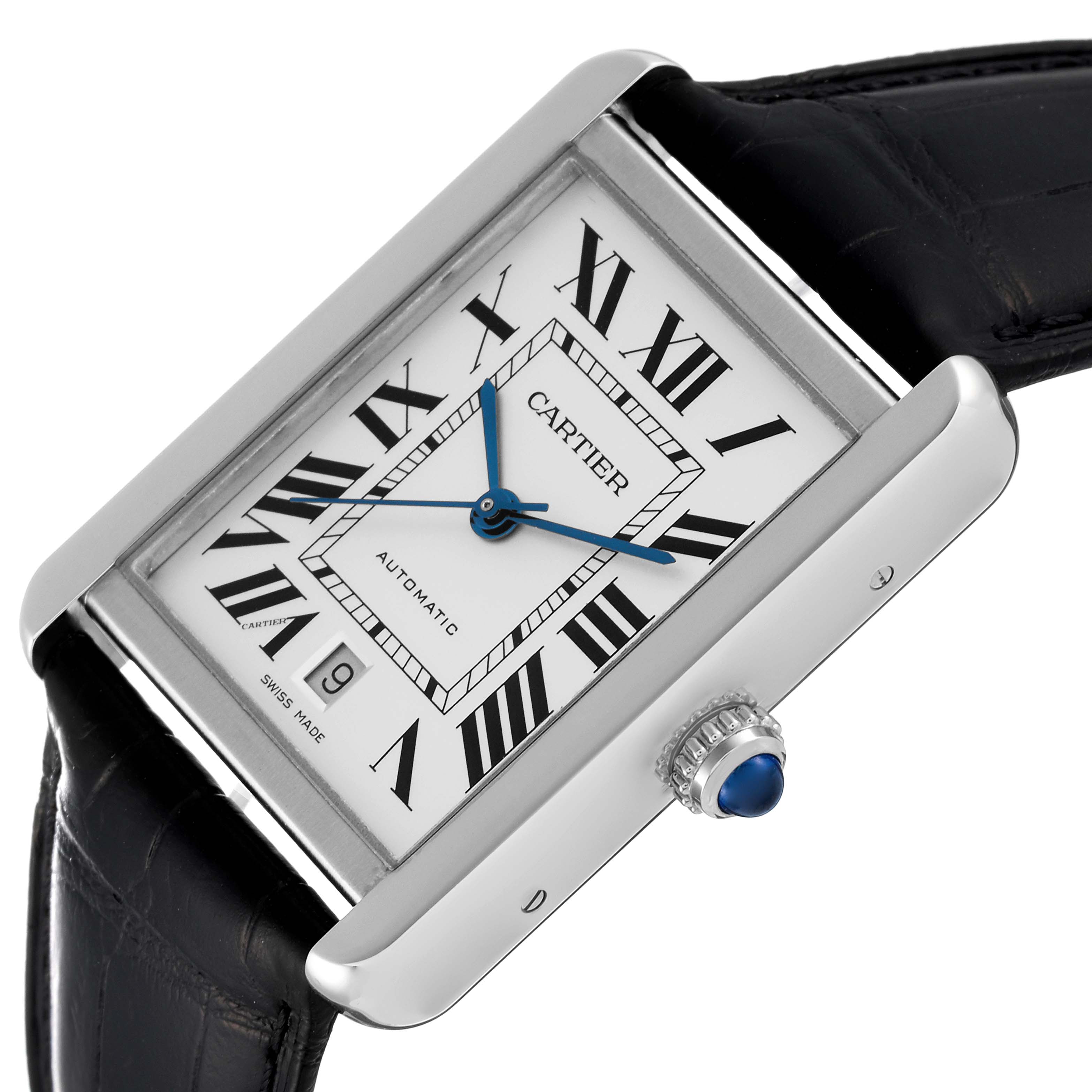 The image shows a Cartier Tank Solo WSTA0029 Men
s Stainless Steel Silver Dial WSTA0029 Men
s Stainless Steel Silver Dial watch at an angled close-up, highlighting the dial, roman numerals, hands, crown, and strap.