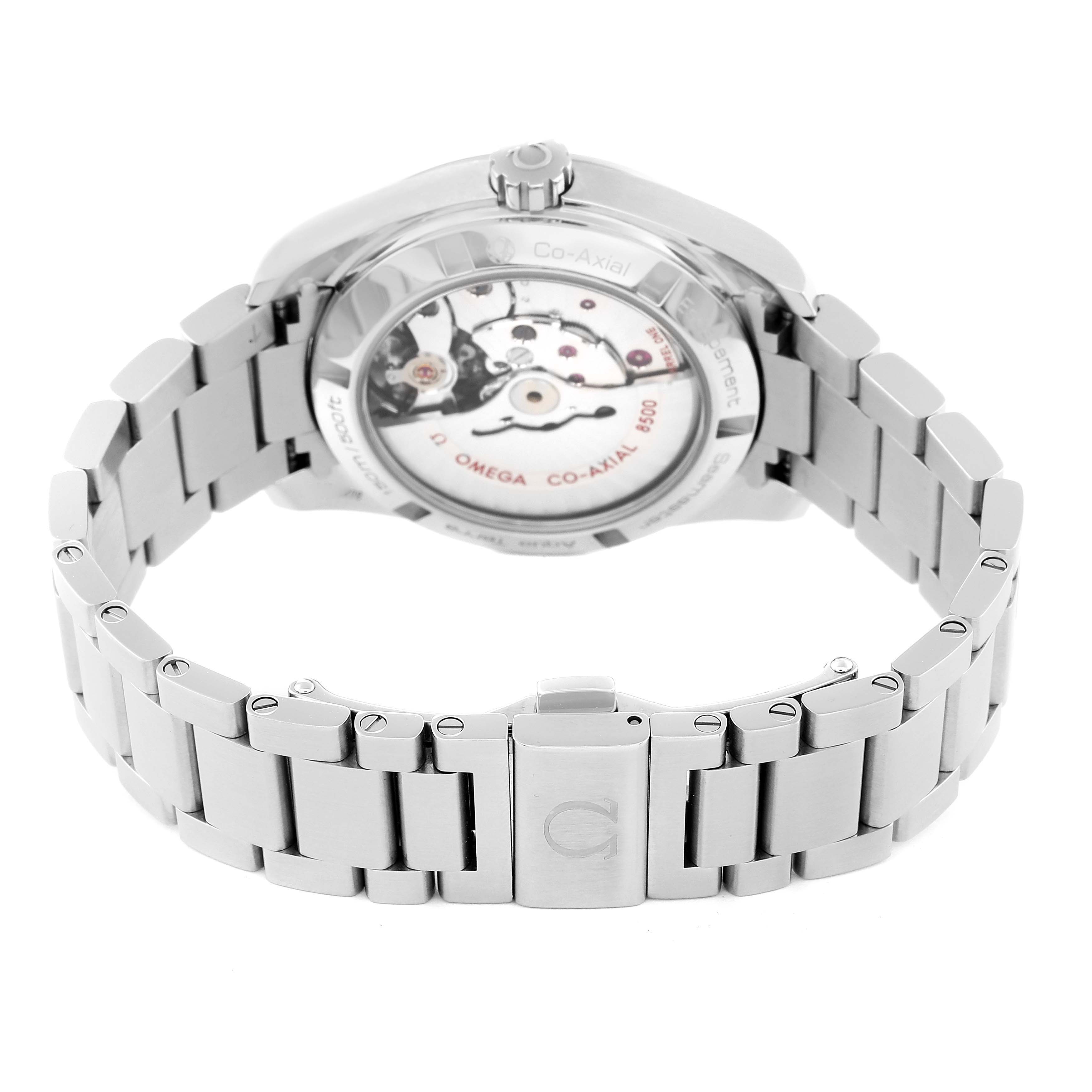 The image shows the back view of the Omega Aqua Terra 231.10.39.21.02.001 Men
s Stainless Steel Silver Dial 231.10.39.21.02.001 Men
s Stainless Steel Silver Dial watch, highlighting its visible mechanical movement and stainless steel bracelet.