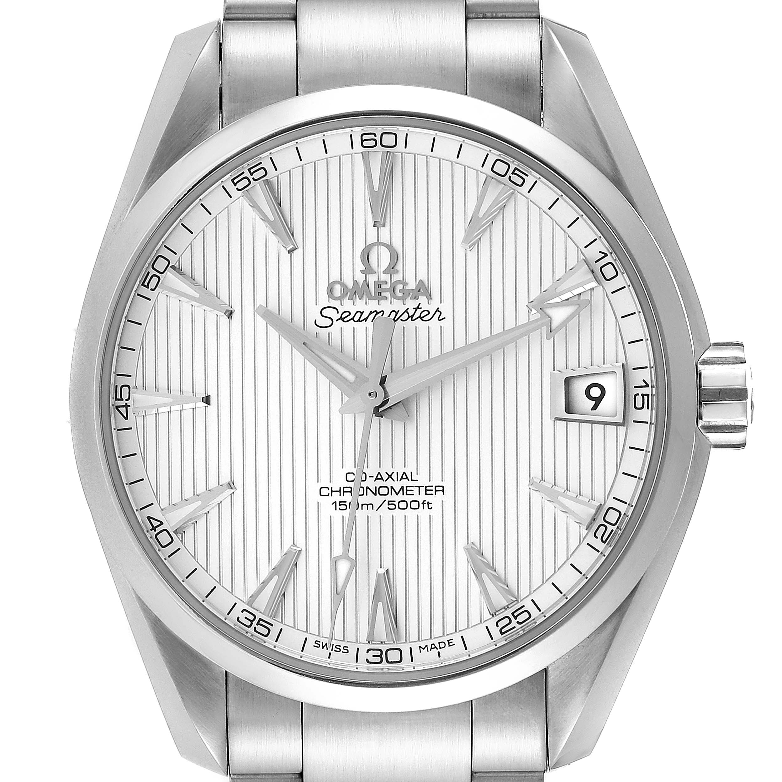 The image displays a front view of the Omega Seamaster Aqua Terra watch, highlighting its dial, hands, date window, and part of the bracelet.