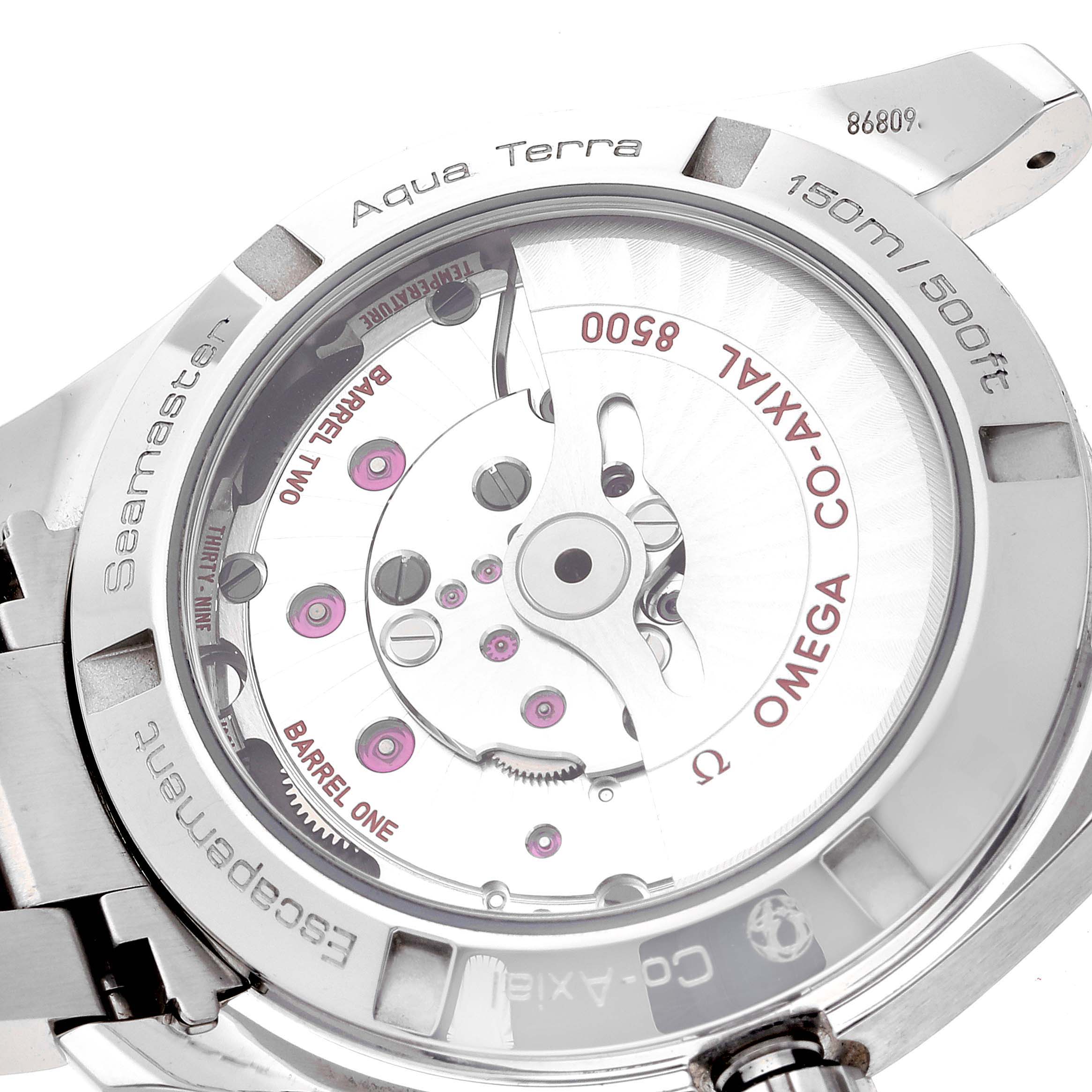 This image shows the back of the Omega Aqua Terra 231.10.39.21.02.001 Men
s Stainless Steel Silver Dial 231.10.39.21.02.001 Men
s Stainless Steel Silver Dial watch, highlighting its visible mechanical movement and engravings.