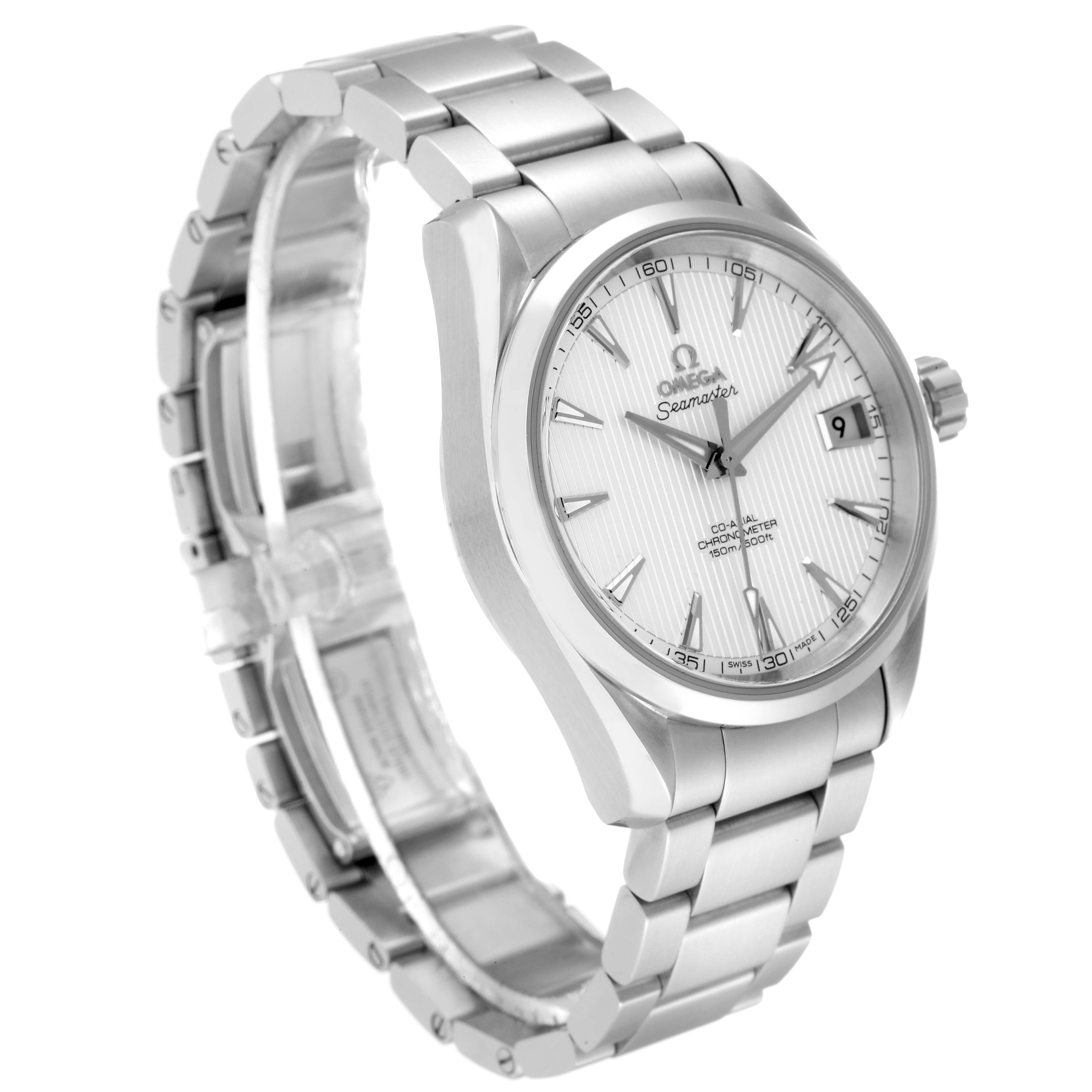 The image shows a side angle of the Omega Aqua Terra 231.10.39.21.02.001 Men
s Stainless Steel Silver Dial 231.10.39.21.02.001 Men
s Stainless Steel Silver Dial watch, highlighting its metal bracelet and face.