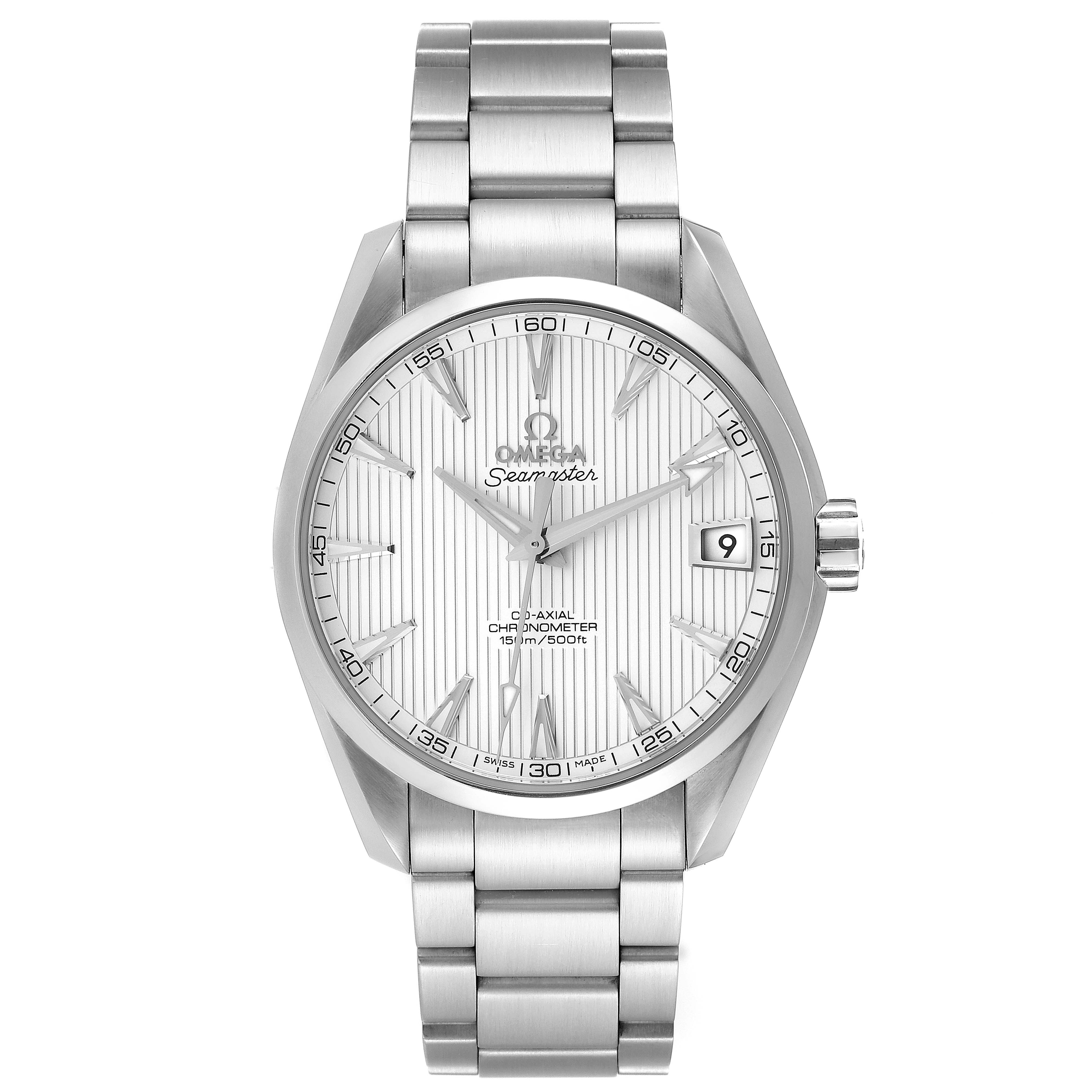 The Omega Aqua Terra 231.10.39.21.02.001 Men
s Stainless Steel Silver Dial 231.10.39.21.02.001 Men
s Stainless Steel Silver Dial watch is shown from the front, displaying its face, bezel, crown, and bracelet.