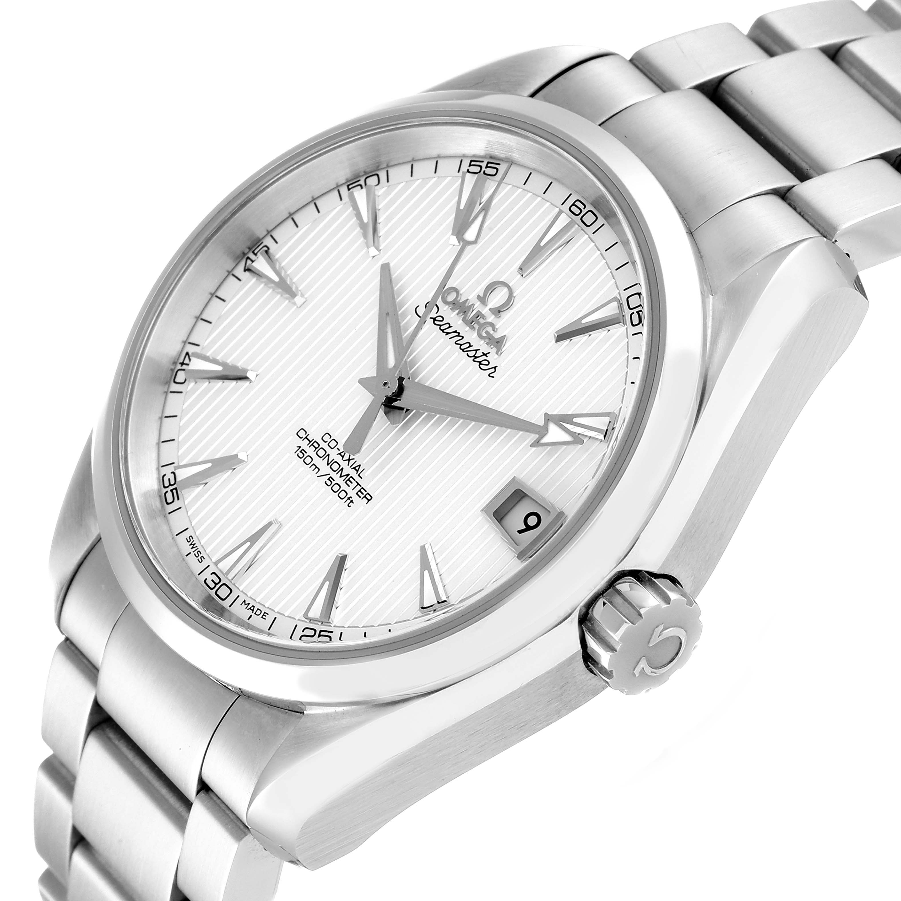 This image shows a side view of the Omega Seamaster Aqua Terra with a focus on its face, bezel, crown, and metal bracelet.