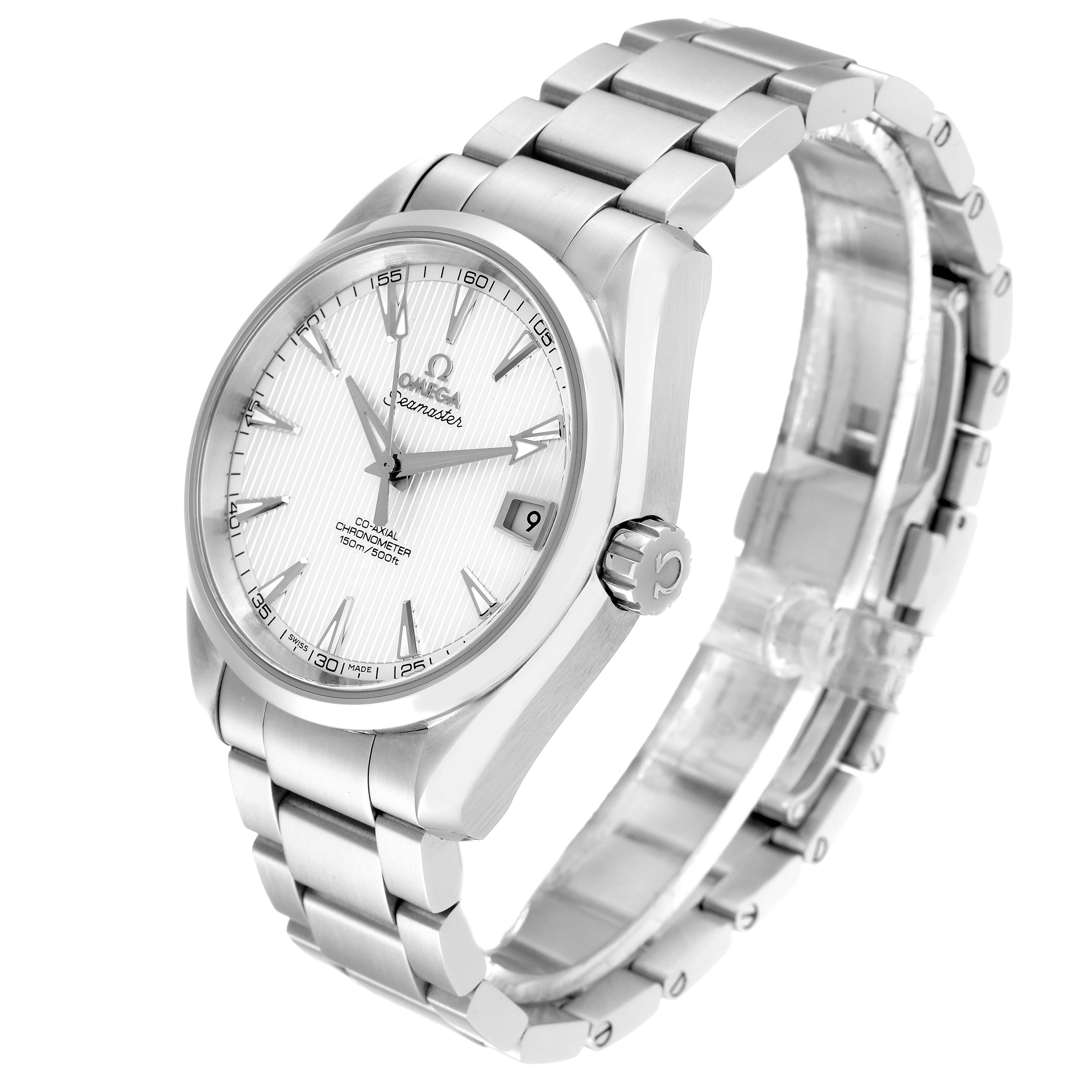 This is an angled view of the Omega Aqua Terra 231.10.39.21.02.001 Men
s Stainless Steel Silver Dial 231.10.39.21.02.001 Men
s Stainless Steel Silver Dial watch showcasing its face, bezel, crown, and bracelet.