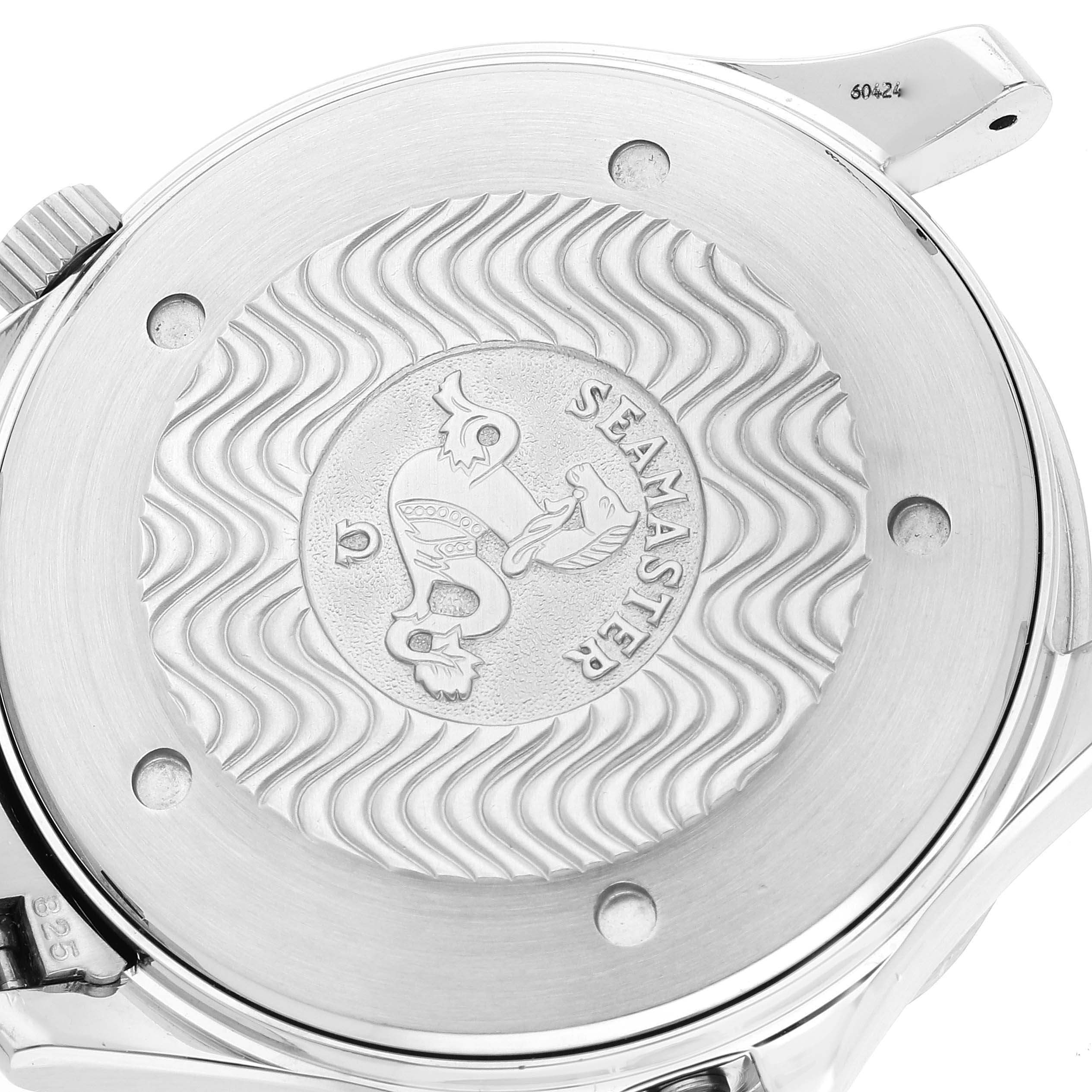 The image shows the case back of an Omega Seamaster 2531.80.00 Men's Stainless Steel Blue Dial 2531.80.00 Men's Stainless Steel Blue Dial watch with its engraved logo.