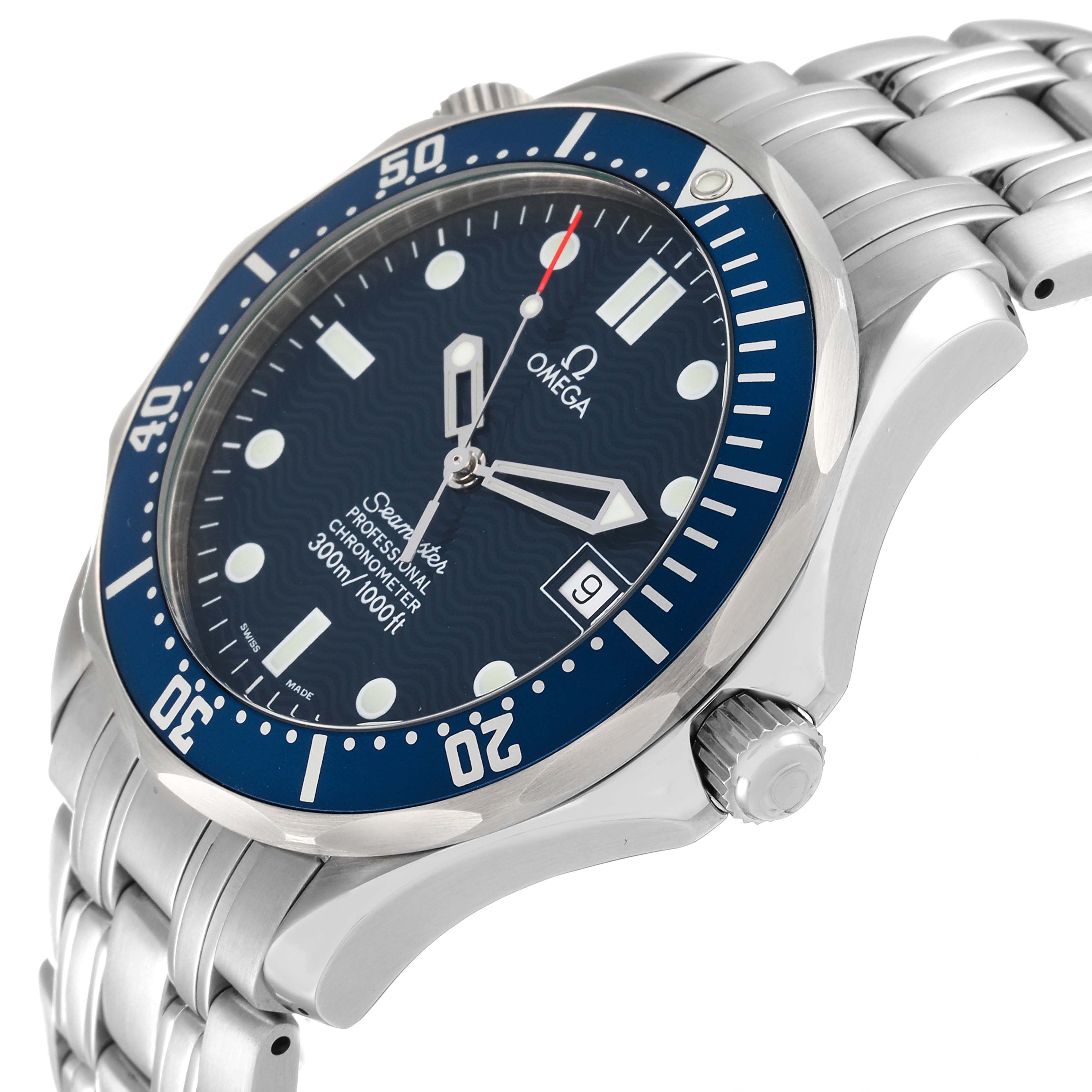 The image shows an angled view of an Omega Seamaster 2531.80.00 Men's Stainless Steel Blue Dial 2531.80.00 Men's Stainless Steel Blue Dial watch, highlighting the face, bezel, and part of the bracelet.