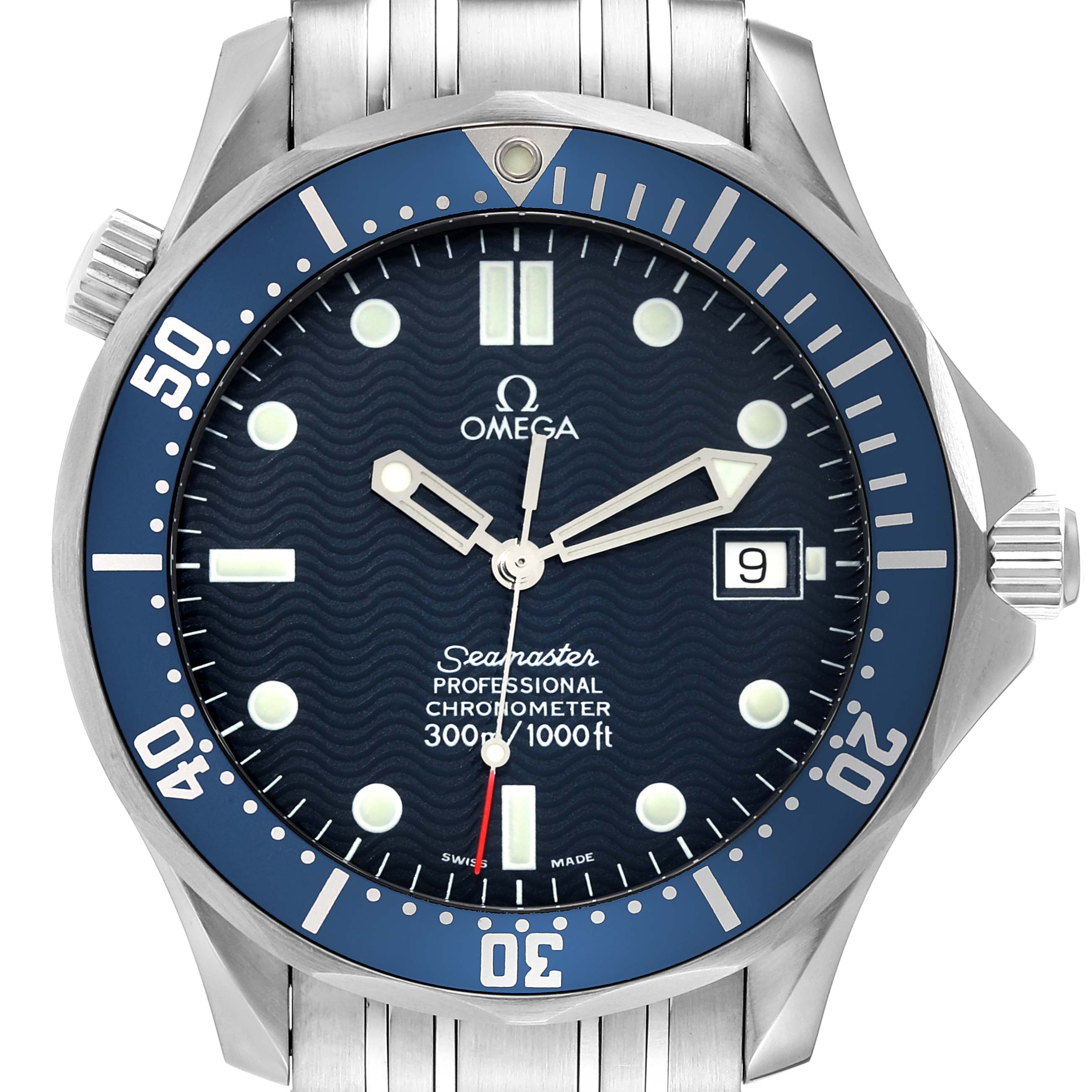 The Omega Seamaster 2531.80.00 Men's Stainless Steel Blue Dial 2531.80.00 Men's Stainless Steel Blue Dial watch is shown from a front angle, highlighting its blue dial, bezel, and stainless steel bracelet.