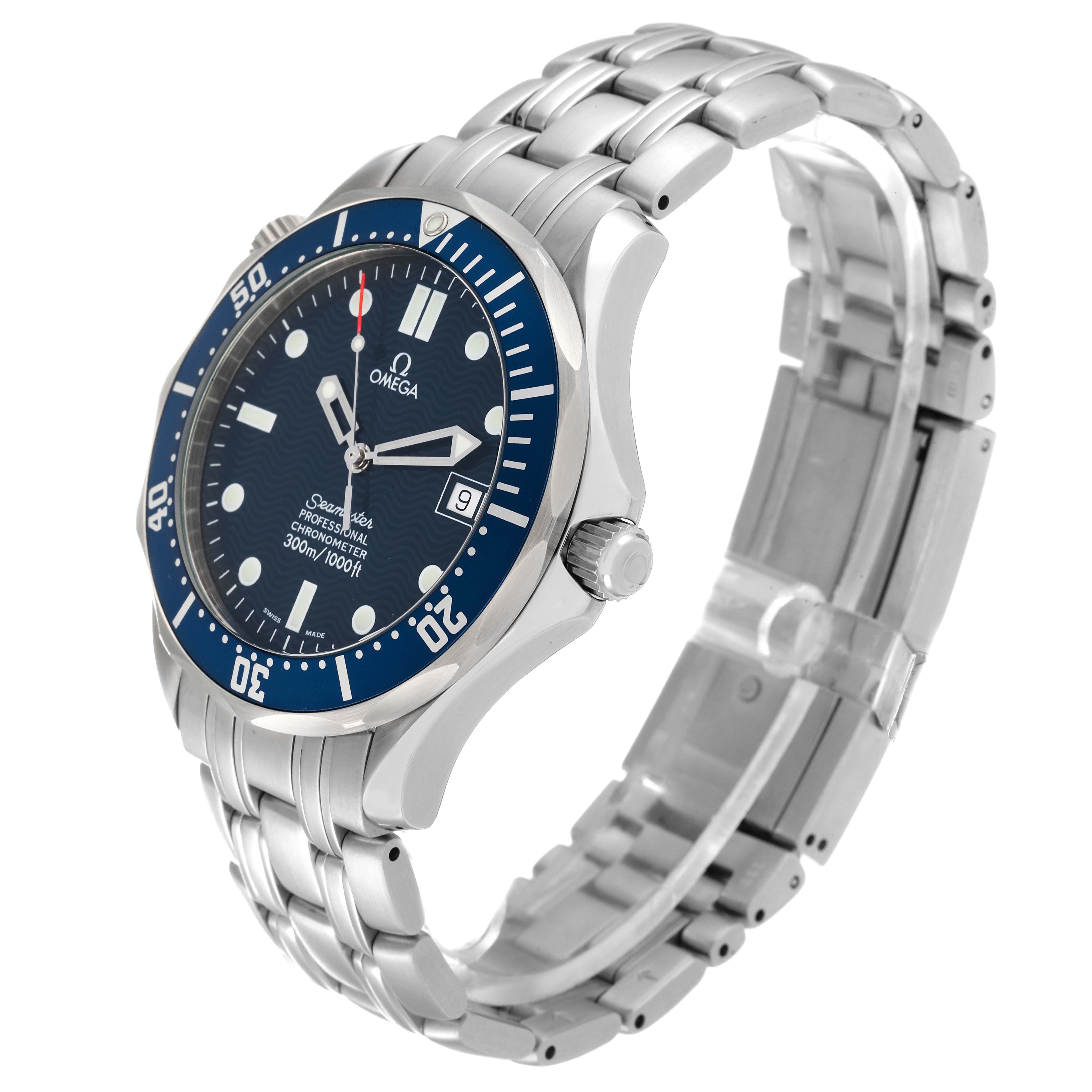 The Omega Seamaster 2531.80.00 Men's Stainless Steel Blue Dial 2531.80.00 Men's Stainless Steel Blue Dial watch is shown at a three-quarter angle, displaying the dial, bezel, and stainless steel bracelet.