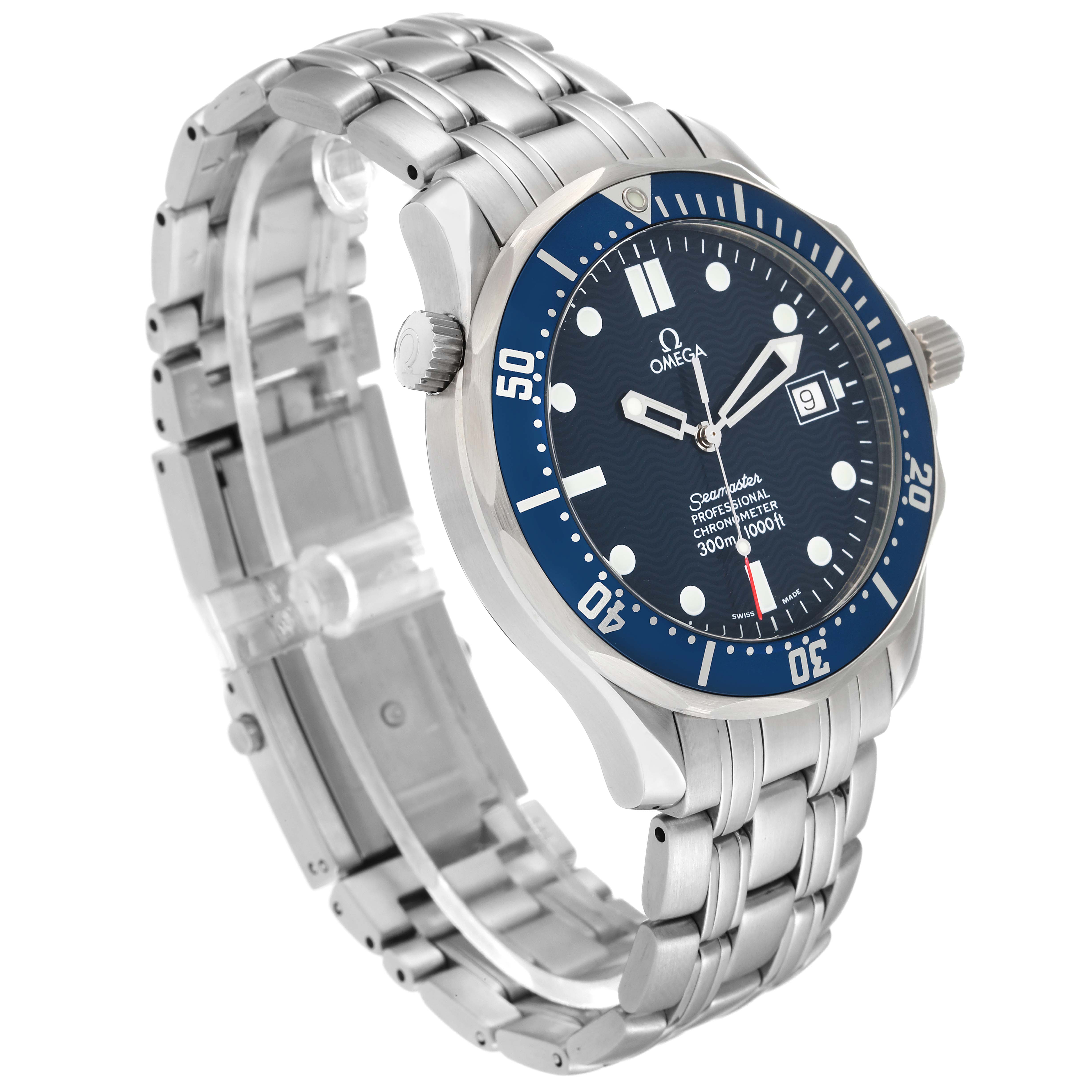 The Omega Seamaster 2531.80.00 Men's Stainless Steel Blue Dial 2531.80.00 Men's Stainless Steel Blue Dial watch is shown at a three-quarter angle, displaying the face, bezel, and metal bracelet.