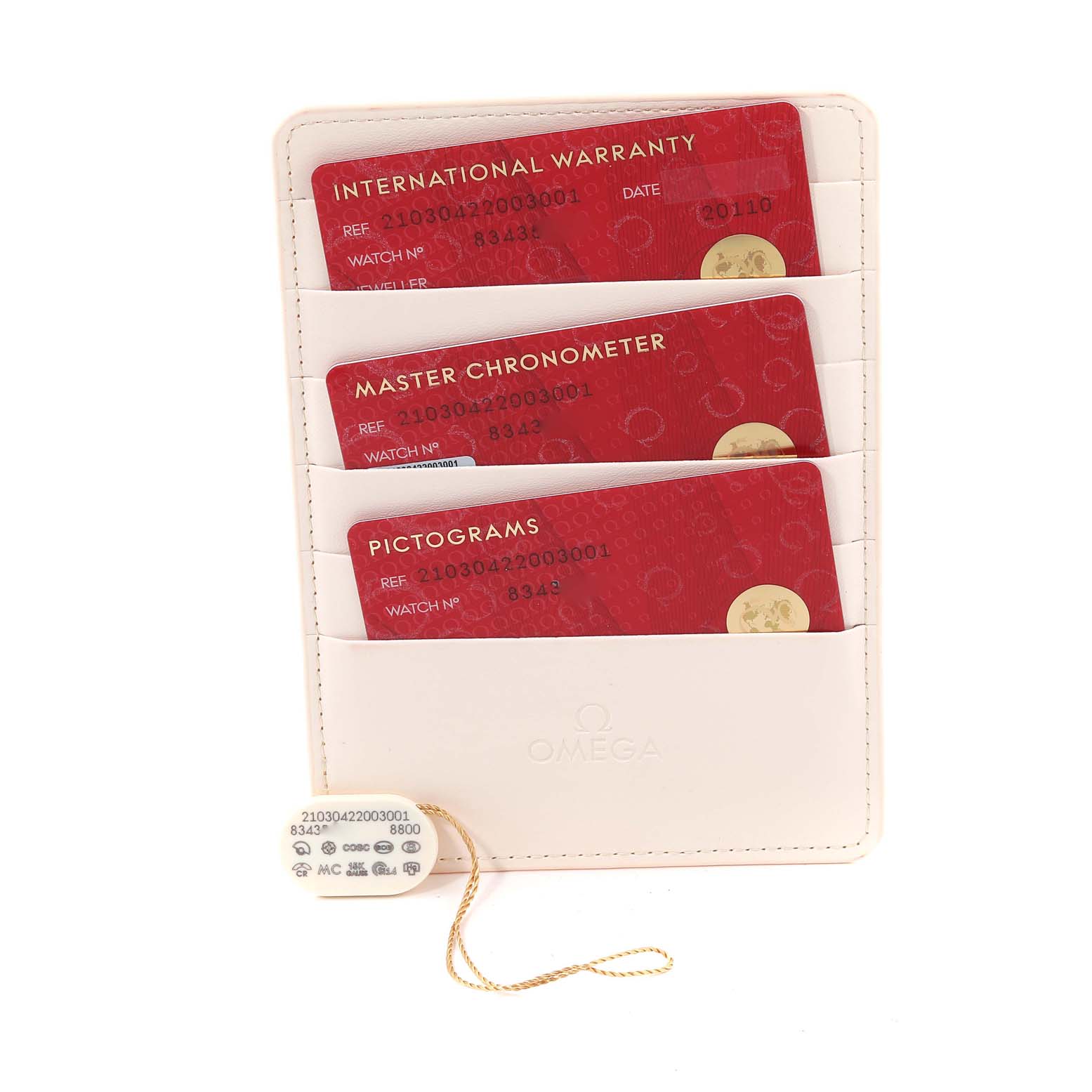 The image shows Omega Seamaster 210.30.42.20.03.001 Men's Stainless Steel Blue Dial 210.30.42.20.03.001 Men's Stainless Steel Blue Dial model warranty cards and an identification tag in a white cardholder.