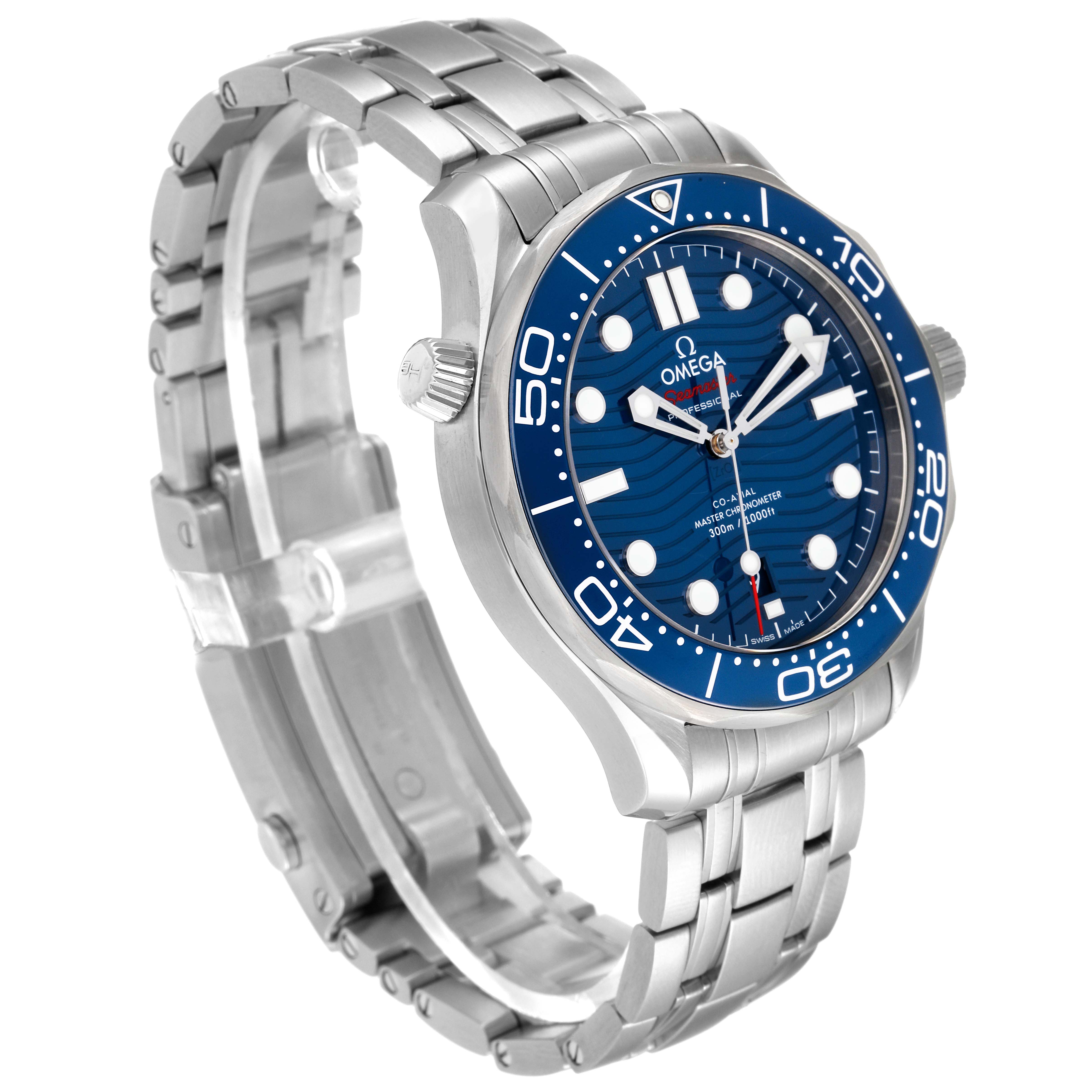 This is a side view of the Omega Seamaster 210.30.42.20.03.001 Men's Stainless Steel Blue Dial 210.30.42.20.03.001 Men's Stainless Steel Blue Dial watch, highlighting its blue dial, bezel, and stainless steel bracelet.