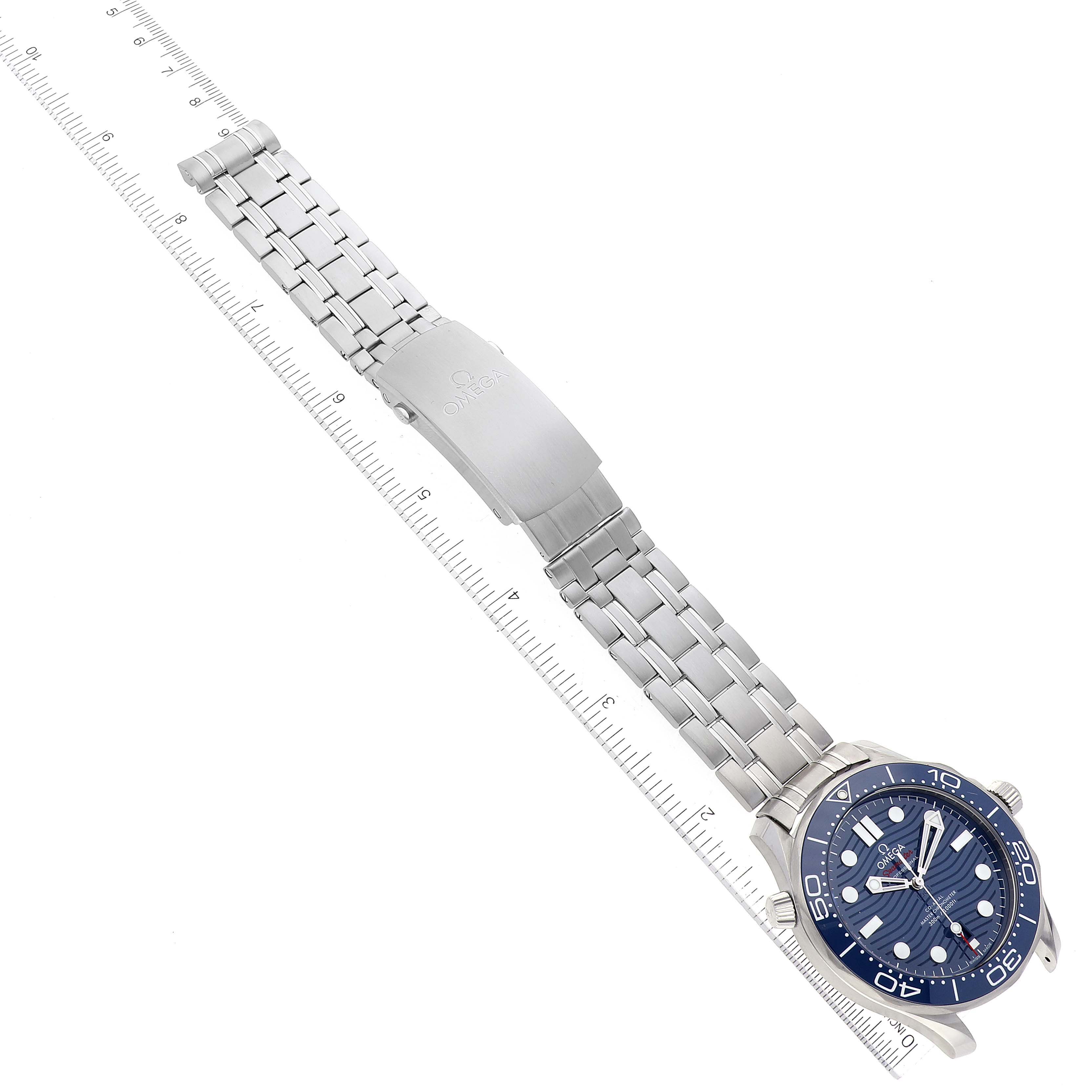 The image shows an Omega Seamaster 210.30.42.20.03.001 Men's Stainless Steel Blue Dial 210.30.42.20.03.001 Men's Stainless Steel Blue Dial watch laid flat, highlighting both the watch face and the metal strap.