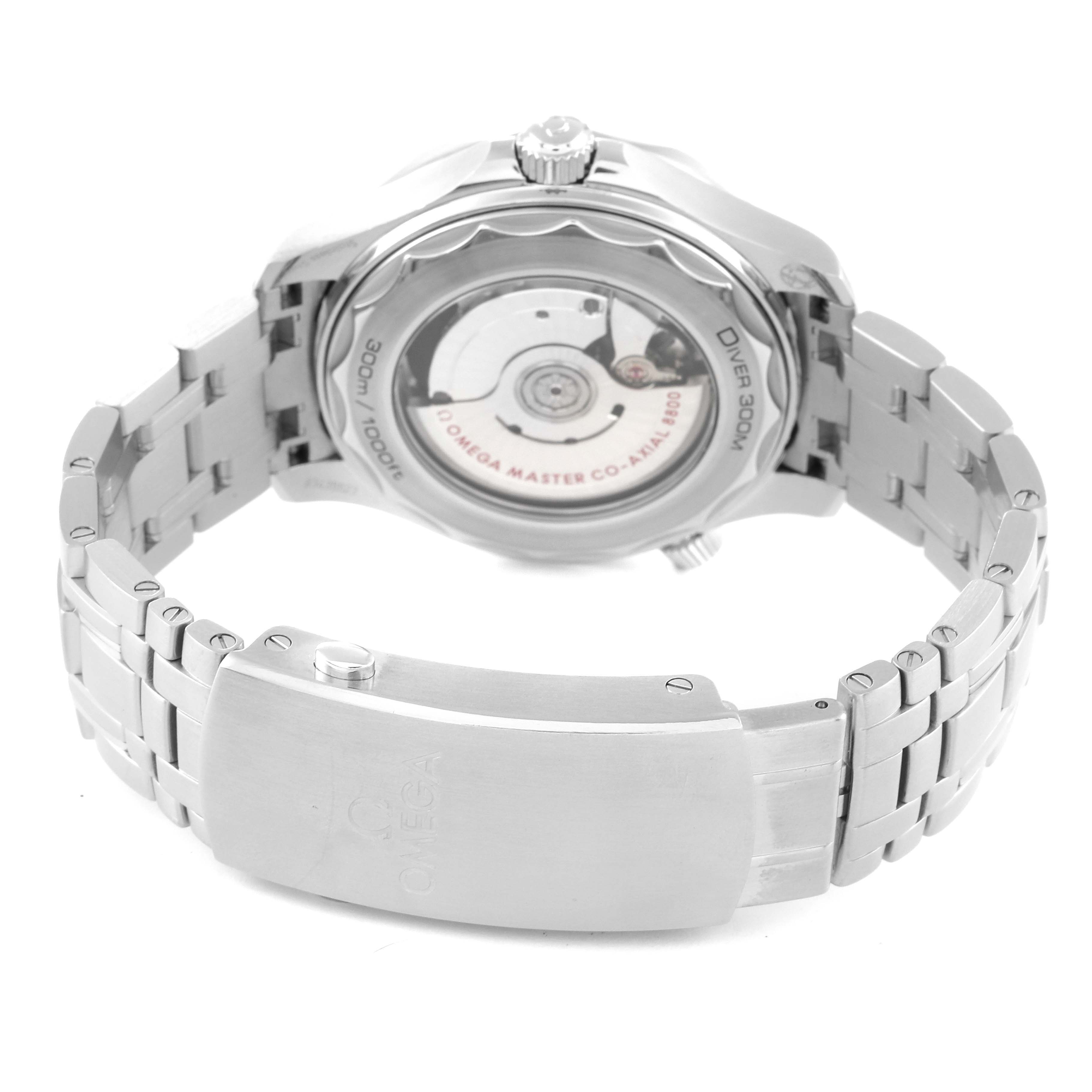 This image shows the rear view of the Omega Seamaster 210.30.42.20.03.001 Men's Stainless Steel Blue Dial 210.30.42.20.03.001 Men's Stainless Steel Blue Dial watch, highlighting the open case back and bracelet clasp.